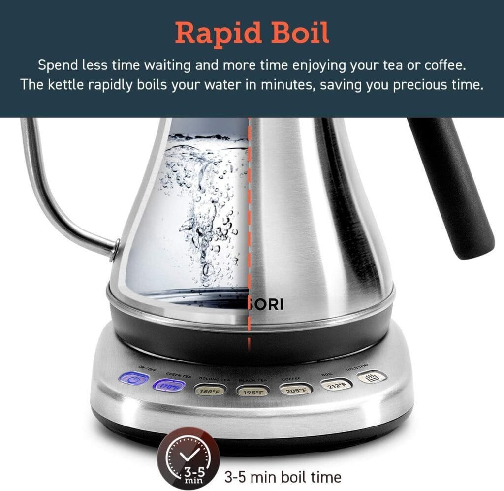 COSORI Electric Gooseneck Kettle with 5 Temperature Control Presets, Pour Over Kettle for Coffee  Tea, Hot Water Boiler, 100% Stainless Steel Inner Lid  Bottom, 1200W/0.8L