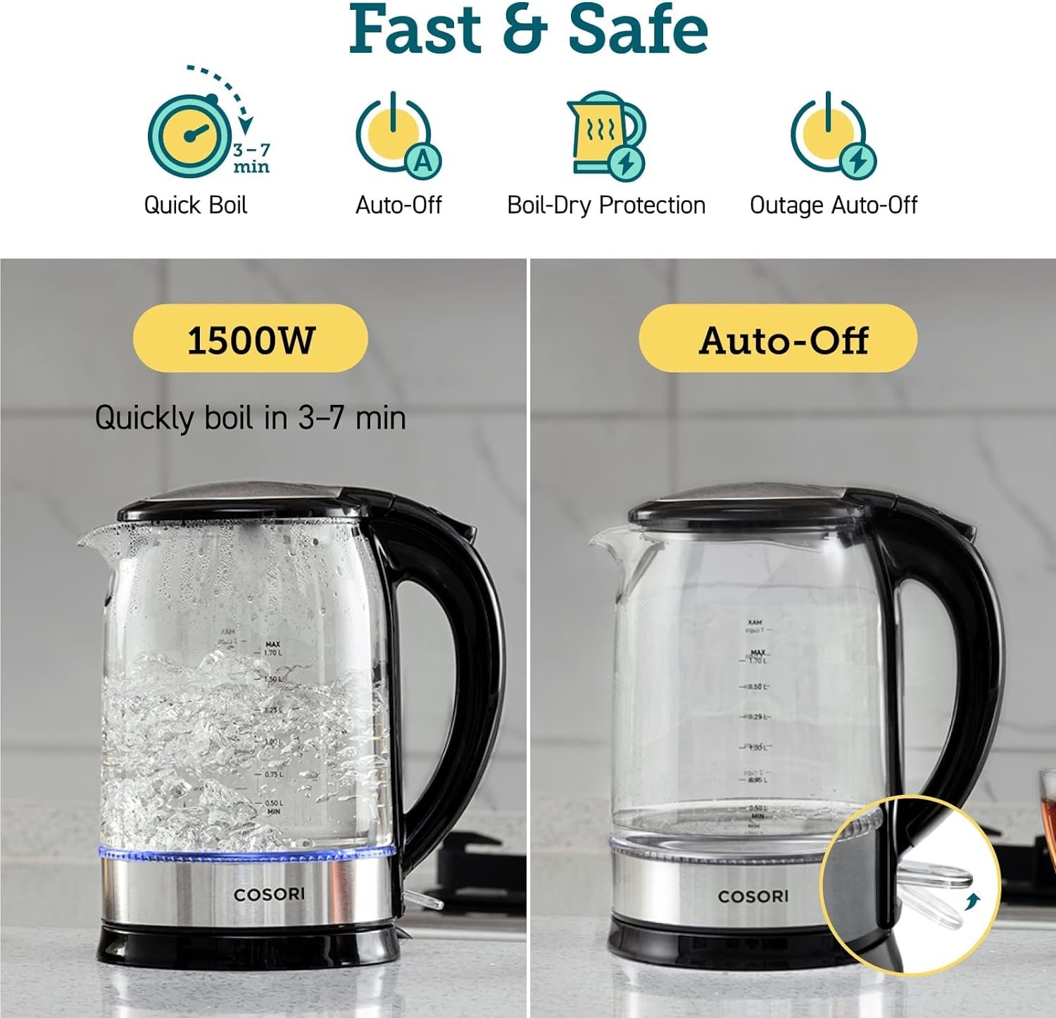 COSORI Speed-Boil Electric Tea Kettle, 1.7L Hot Water Kettle (BPA Free) 1500W Auto Shut-Off  Boil-Dry Protection, LED Indicator Inner Lid  Bottom, Transparent