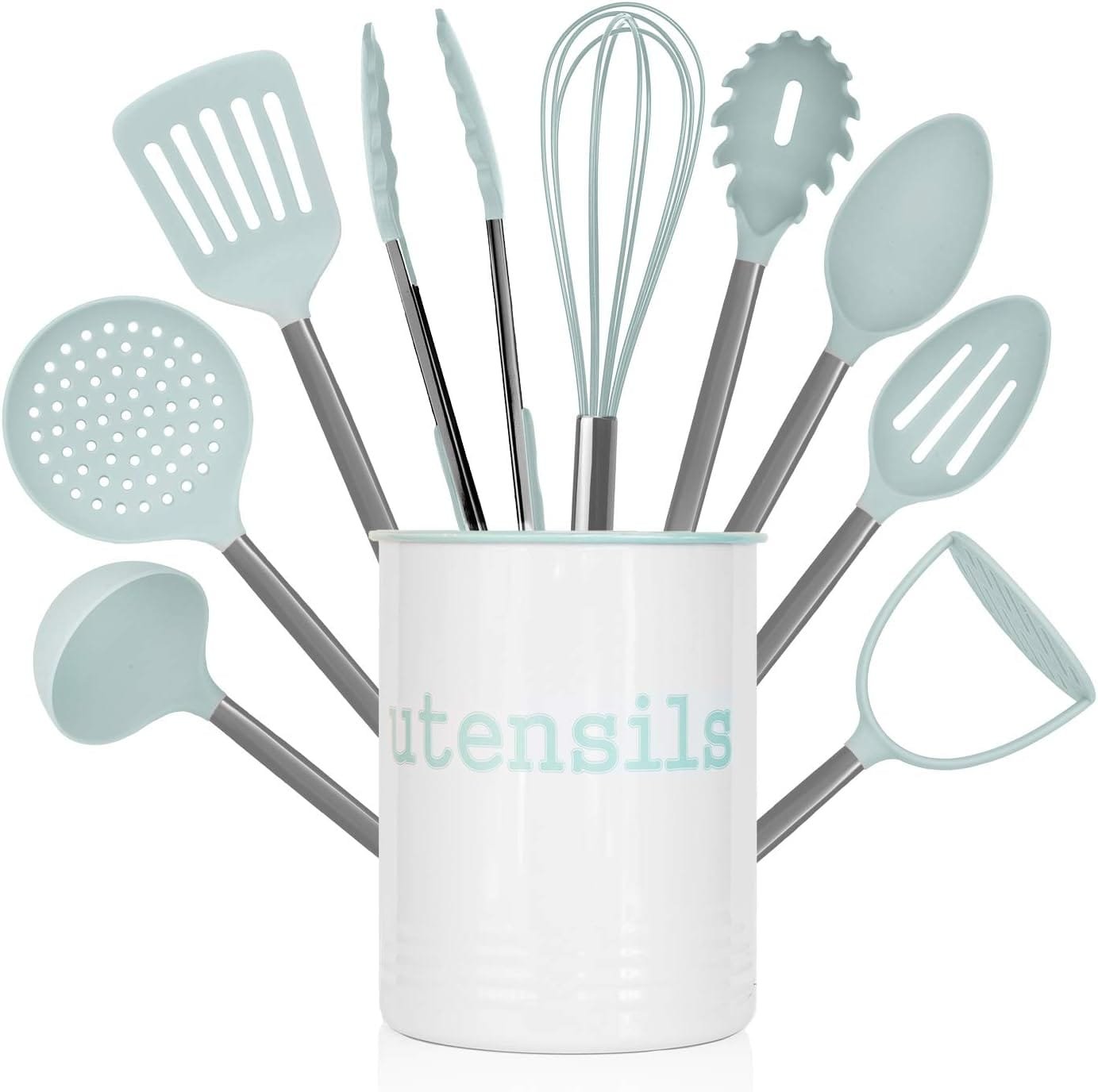 Country Kitchen 10 Piece Nylon Cooking Utensil Set with Holder, Kitchen Tools and Gadgets with Rounded Gunmetal Handles - Mint Country Kitchen 10 Piece Nylon Cooking Utensil Set with Holder, Kitchen Tools and Gadgets with Rounded Gunmetal Handles - Mint