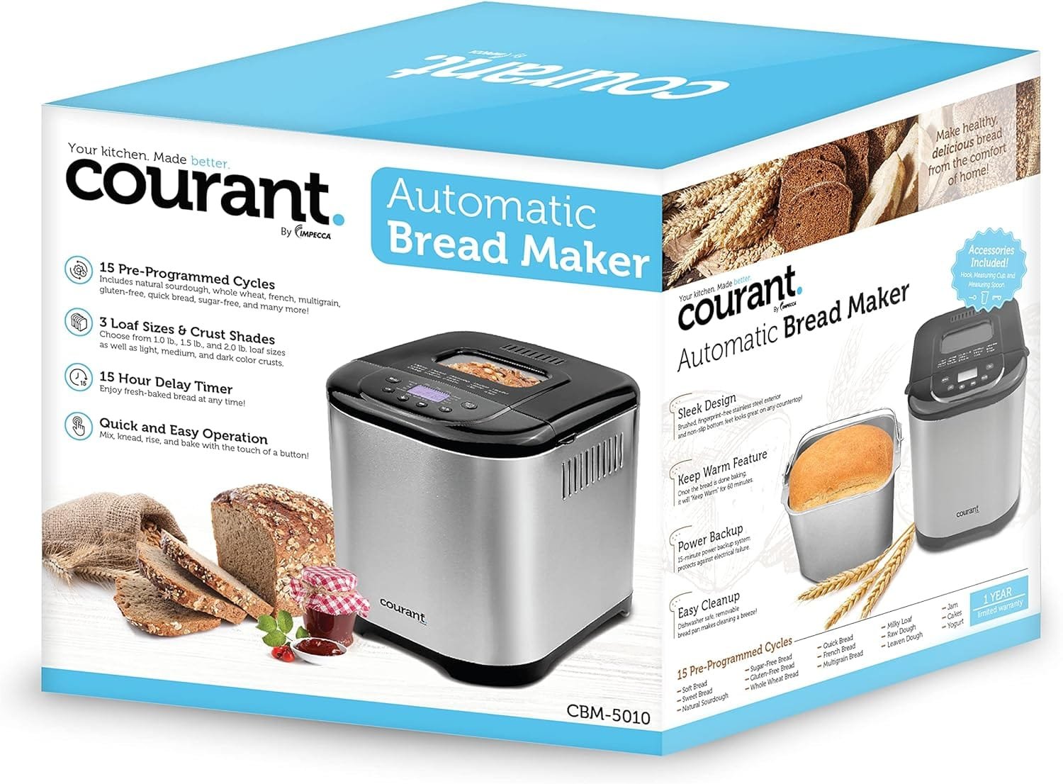 Courant Bread Maker Machine 3 Loaf sizes, Gluten-free, sugar-free, Natural Sourdough, Total 15 Pre-Programmable Cycles, Delay Timer, Easy to Use, Warm Feature - Stainless Steel Automatic Courant Bread Maker Machine 3 Loaf sizes, Gluten-free, sugar-free, Natural Sourdough, Total 15 Pre-Programmable Cycles, Delay Timer, Easy to Use, Warm Feature - Stainless Steel Automatic