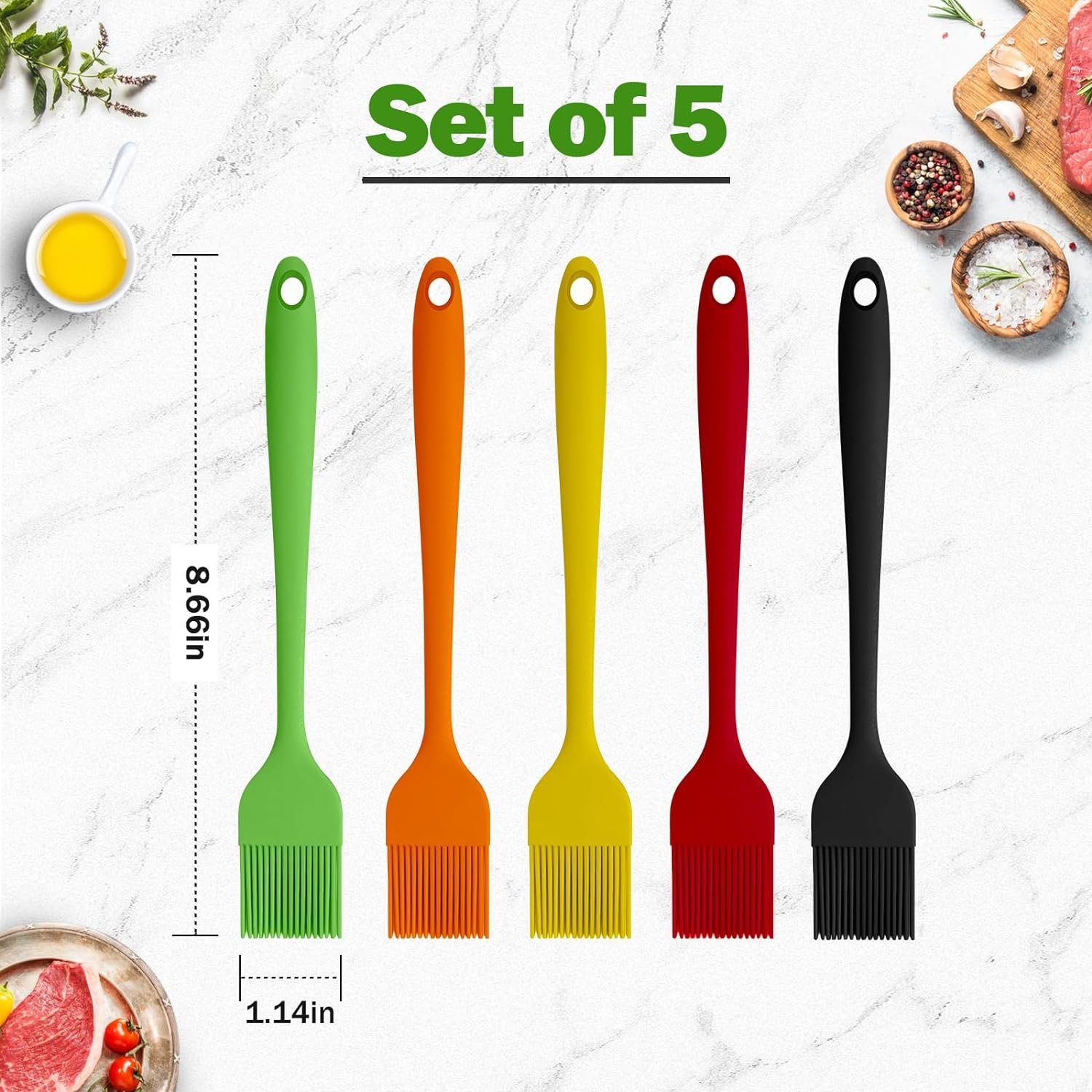 Craebuer Silicone Basting Pastry Brush, 5 Pack Heat Resistant Cooking Brush for Oil Butter Sauce, Food Brush for BBQ Grill Barbeque Kitchen Baking Cooking