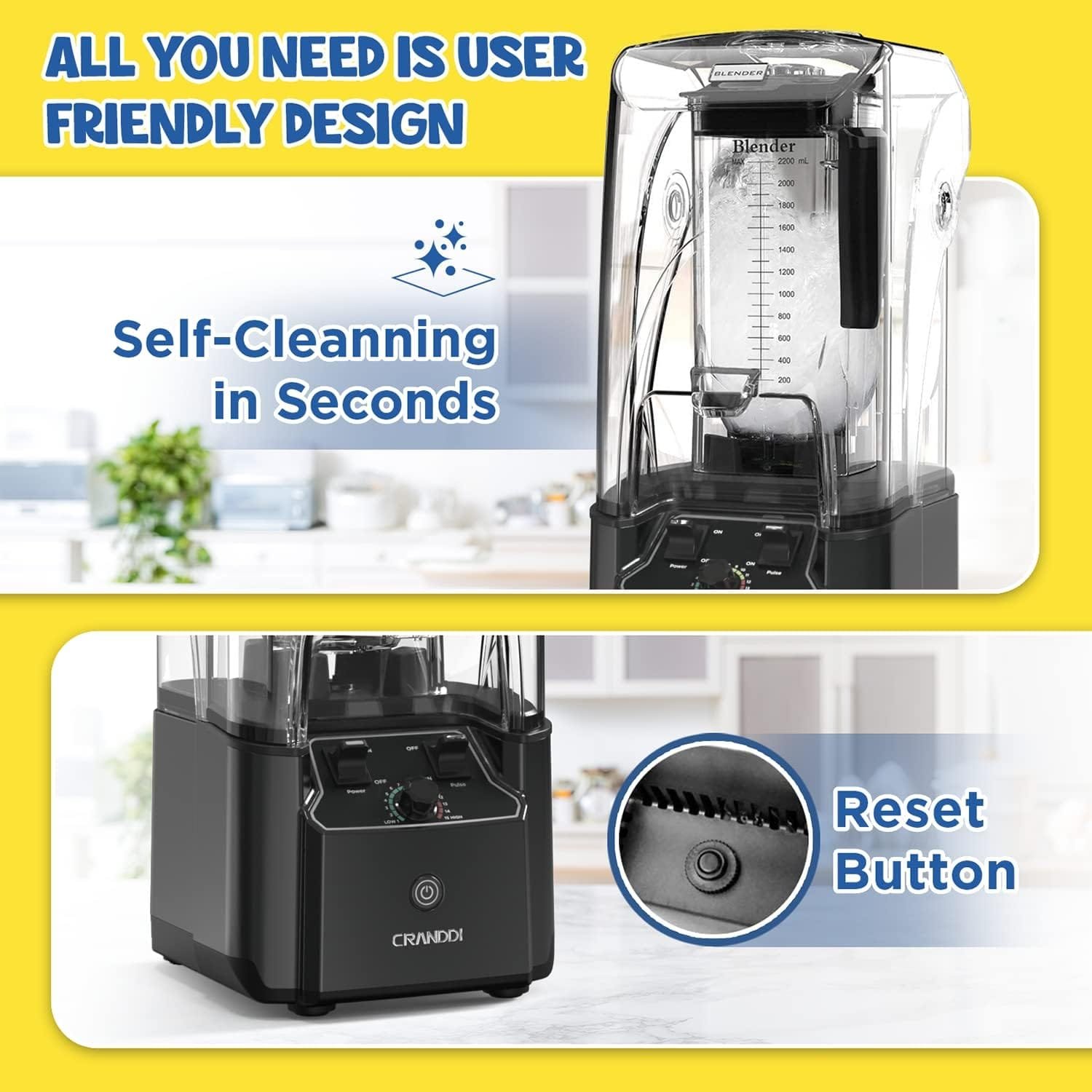 CRANDDI Quiet Commercial Blender with Soundproof Shield, 2200 Watt Professional Blenders for Kitchen with 80oz Jar and Self-Cleaning, High-Speed Blenders K90 Black
