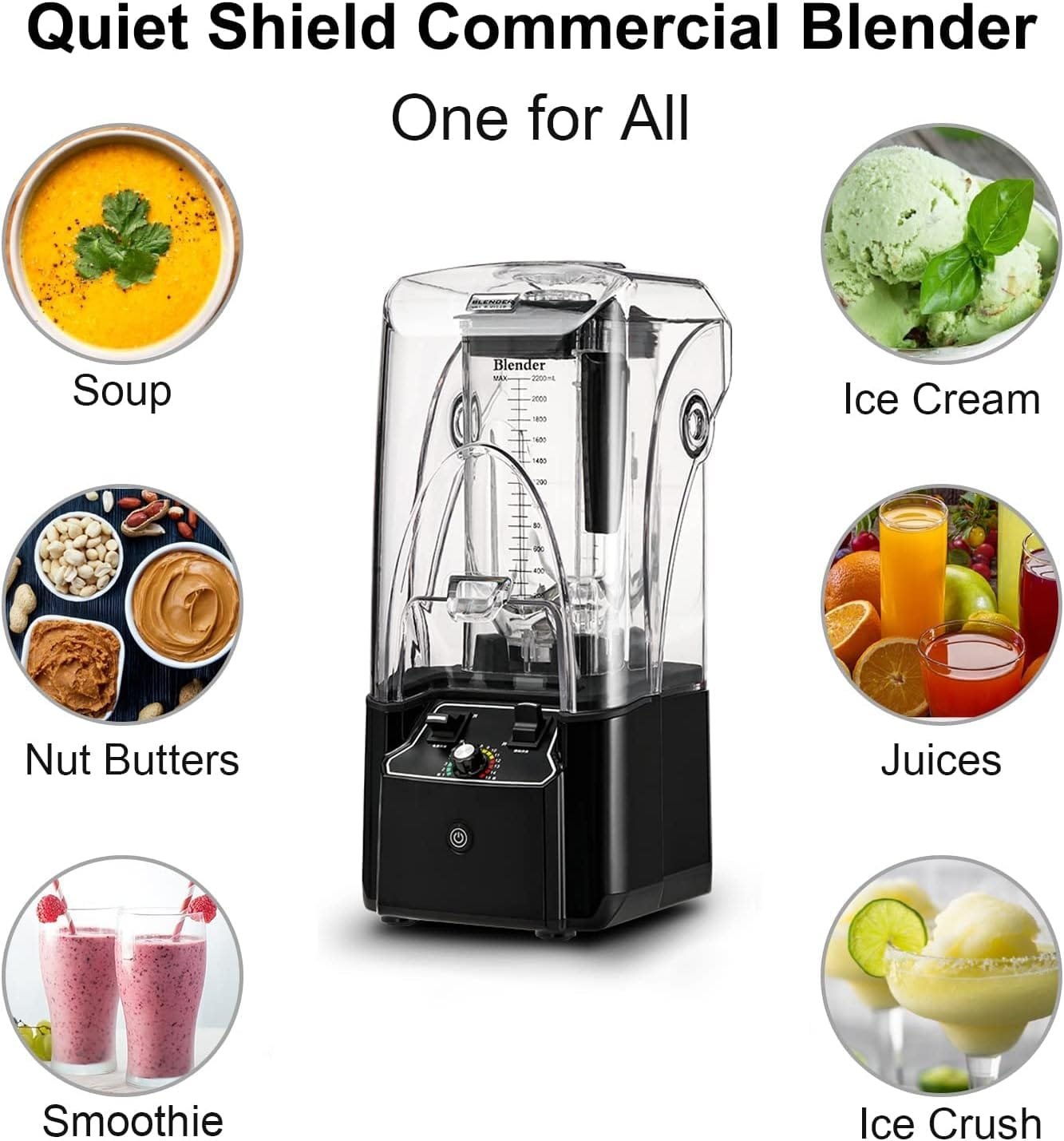 CRANDDI Quiet Commercial Blender with Soundproof Shield, 2200 Watt Professional Blenders for Kitchen with 80oz Jar and Self-Cleaning, High-Speed Blenders K90 Black