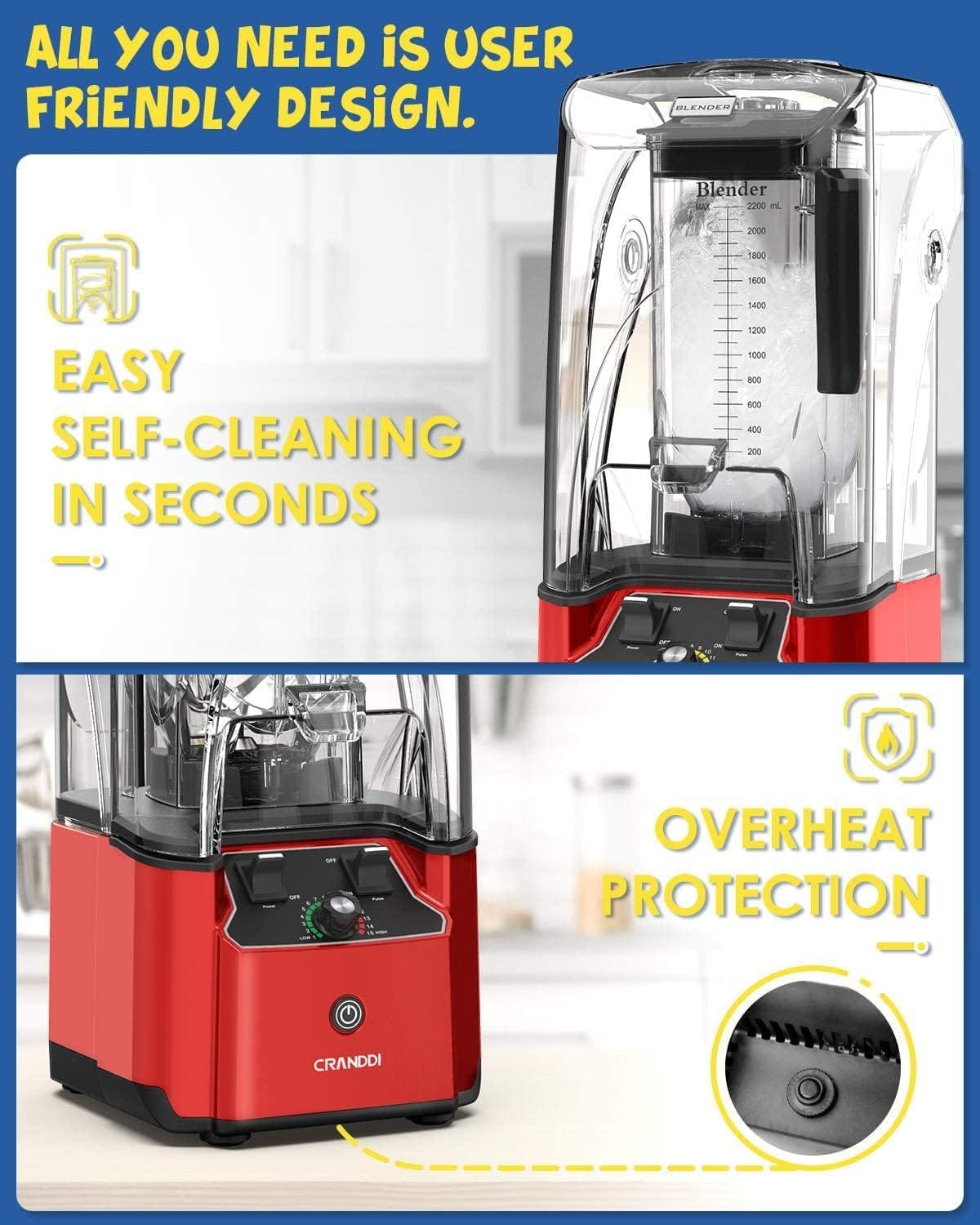 CRANDDI Quiet Commercial Blender with Soundproof Shield, 2200 Watt Professional Blenders for Kitchen with 80oz Jar and Self-Cleaning, High-Speed Blenders K90 Black