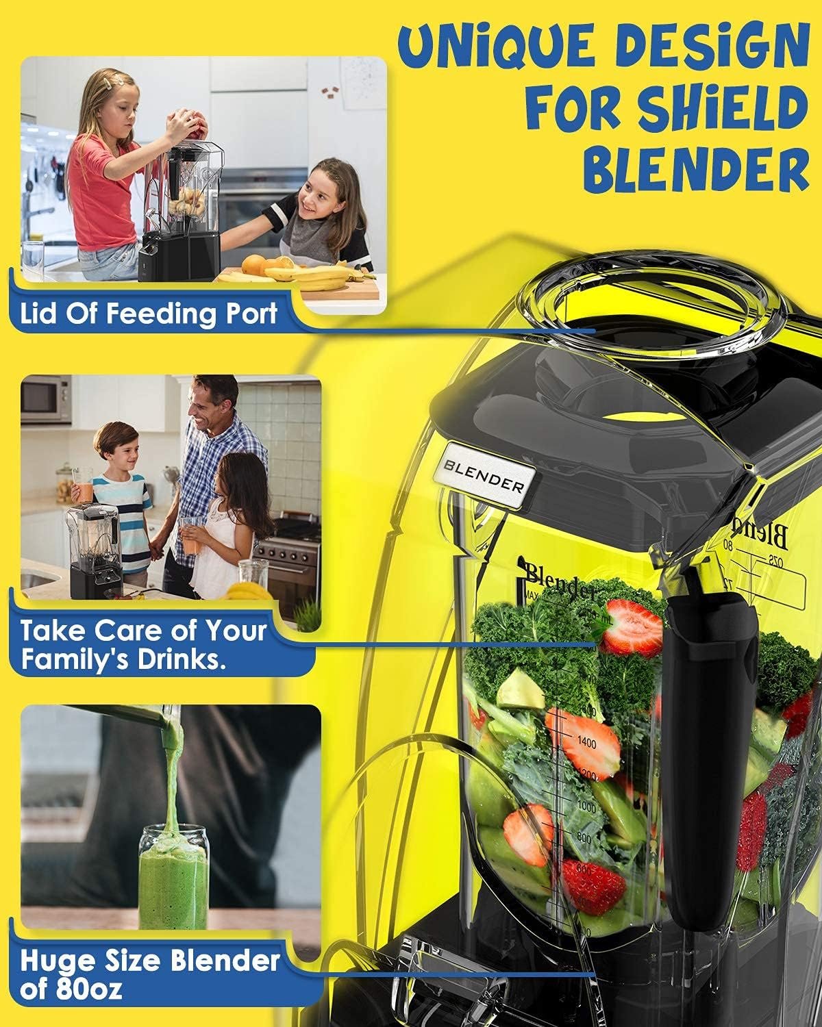 CRANDDI Quiet Commercial Blender with Soundproof Shield, 2200 Watt Professional Blenders for Kitchen with 80oz Pitcher and Self-Cleaning, High-Speed Blenders K90 Grey