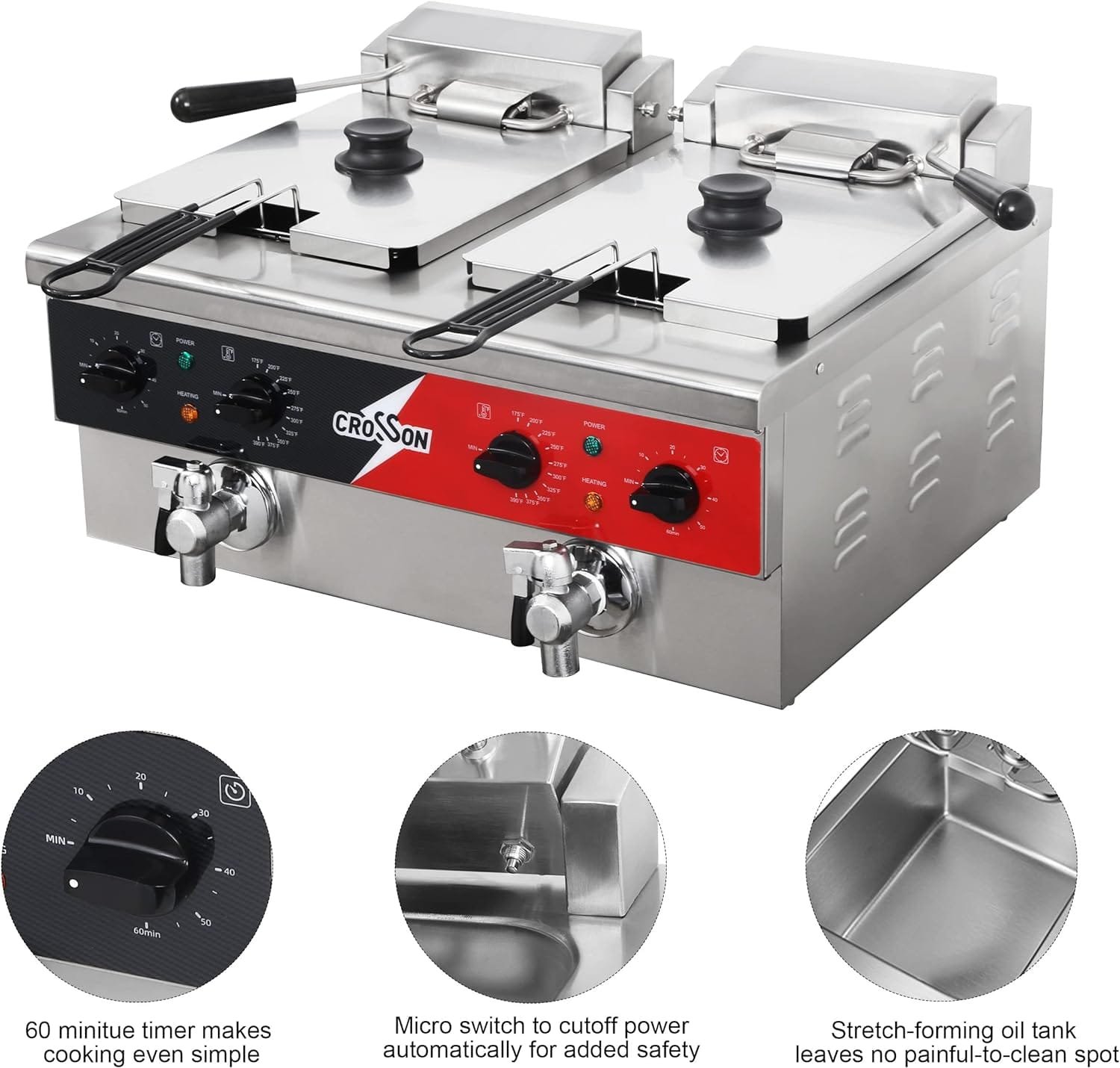 CROSSON 12L Dual Tank Countertop Electric Deep Fryer with Drain,Solid Basket and Lid for Restaurant and Home Use 120V,3600W Stainless Steel Commercial Deep Fryer (EF-6V-2) CROSSON 12L Dual Tank Countertop Electric Deep Fryer with Drain,Solid Basket and Lid for Restaurant and Home Use 120V,3600W Stainless Steel Commercial Deep Fryer (EF-6V-2)