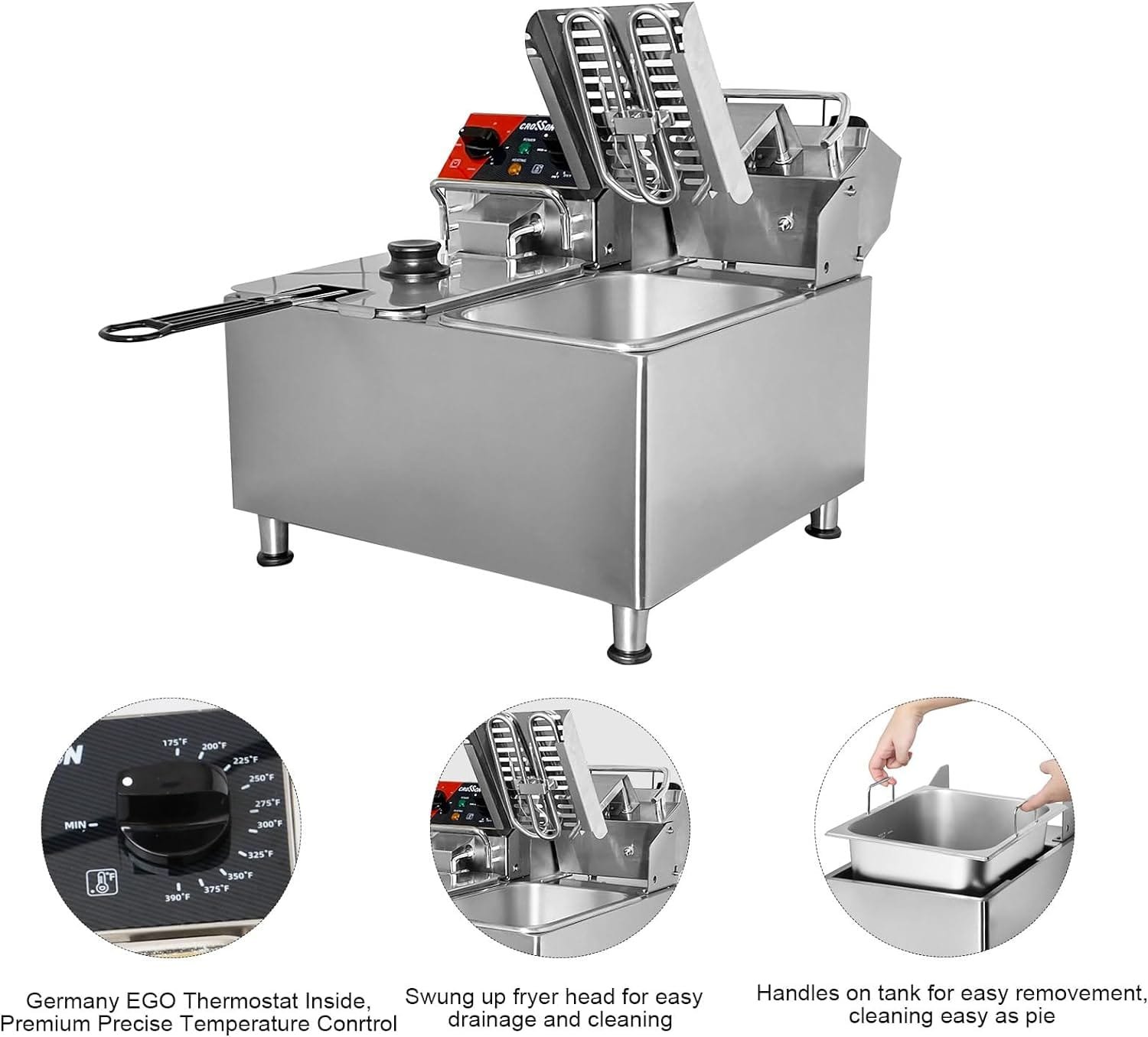 CROSSON 20Lbs Dual Tank Electric Deep Fryer with Rotary fryer head,30 Minitues Timer,Removable 304 SS Oil Tank with Handle,9L Countertop Deep Fryer for Commercial Home Use