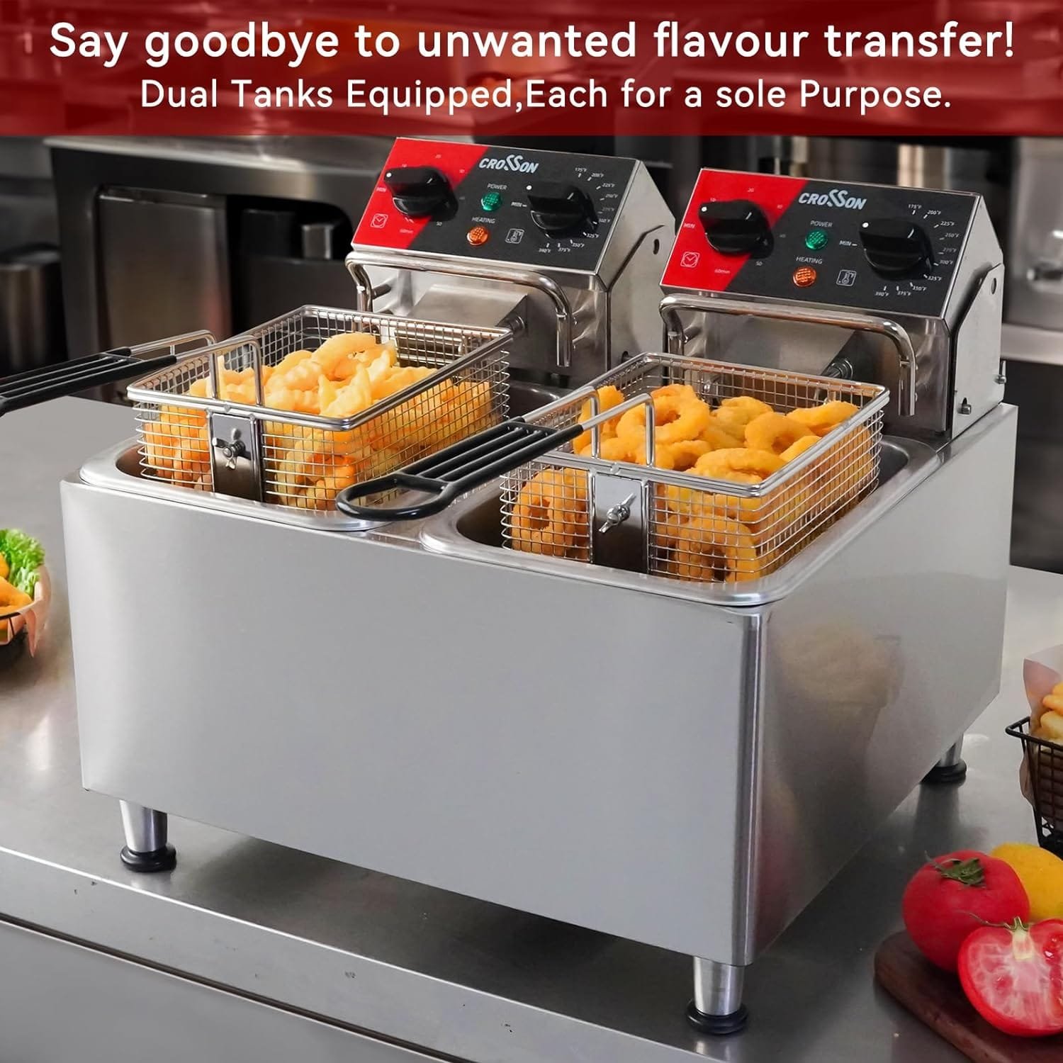 CROSSON 20Lbs Dual Tank Electric Deep Fryer with Rotary fryer head,30 Minitues Timer,Removable 304 SS Oil Tank with Handle,9L Countertop Deep Fryer for Commercial Home Use