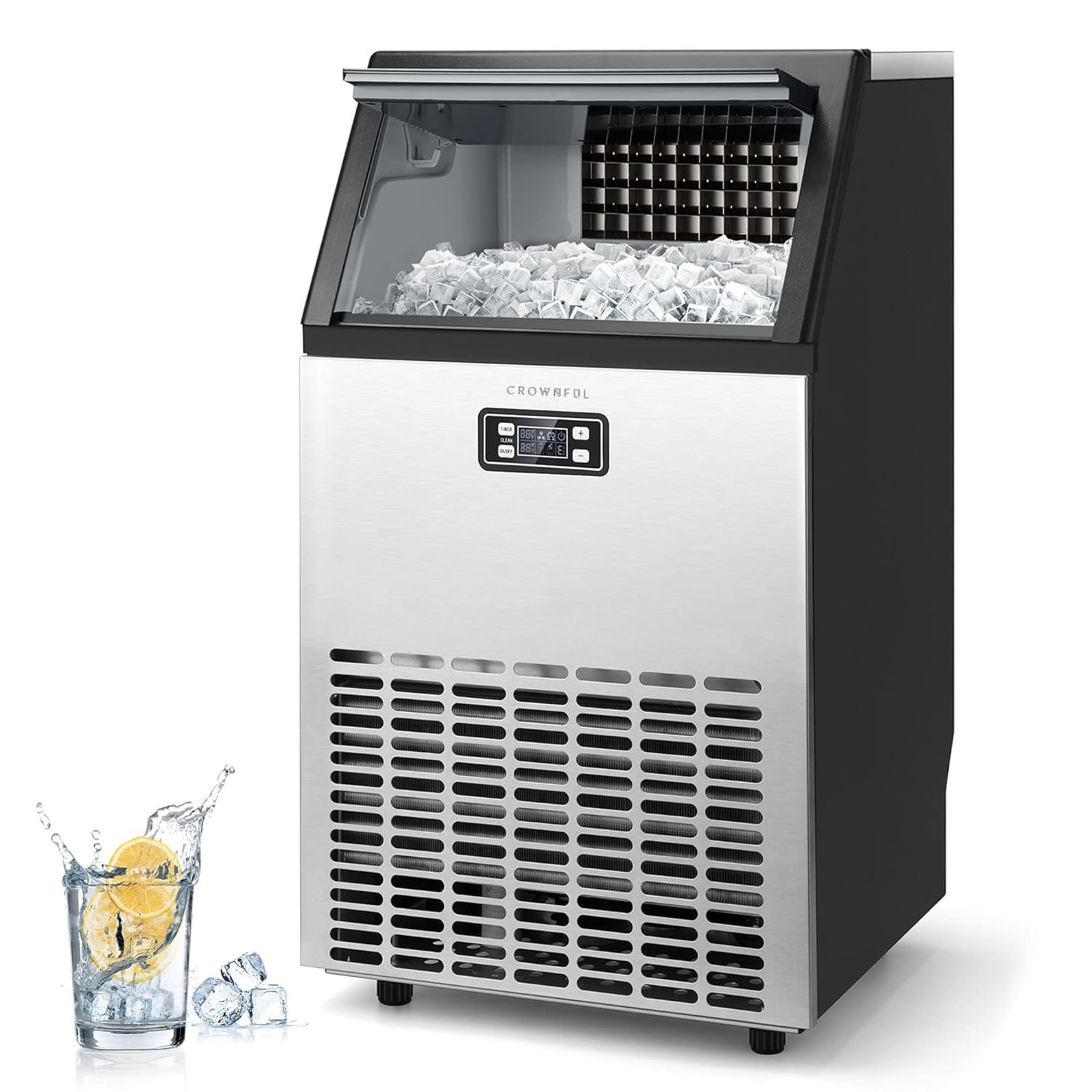 CROWNFUL Commercial Ice Maker 100Lbs/24H, Stainless Steel Ice Machine with 33Lbs Ice Storage Capacity, Free-Standing Under Counter Ice Maker, Ideal for Home, Office, Restaurant, Bar, Coffee Shop