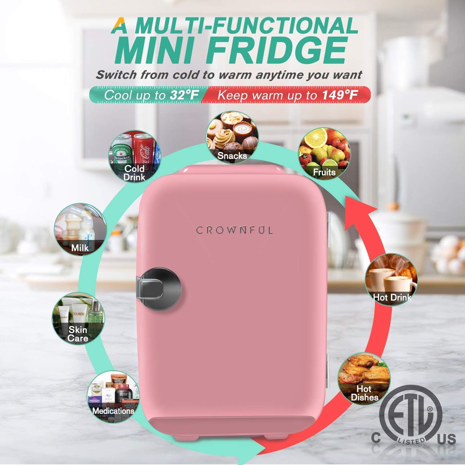 CROWNFUL Mini Fridge, 4 Liter/6 Can Portable Cooler and Warmer Personal Refrigerator for Skin Care, Cosmetics, Beverage, Food,Great for Bedroom, Office, Car, Dorm, ETL Listed (Pink)