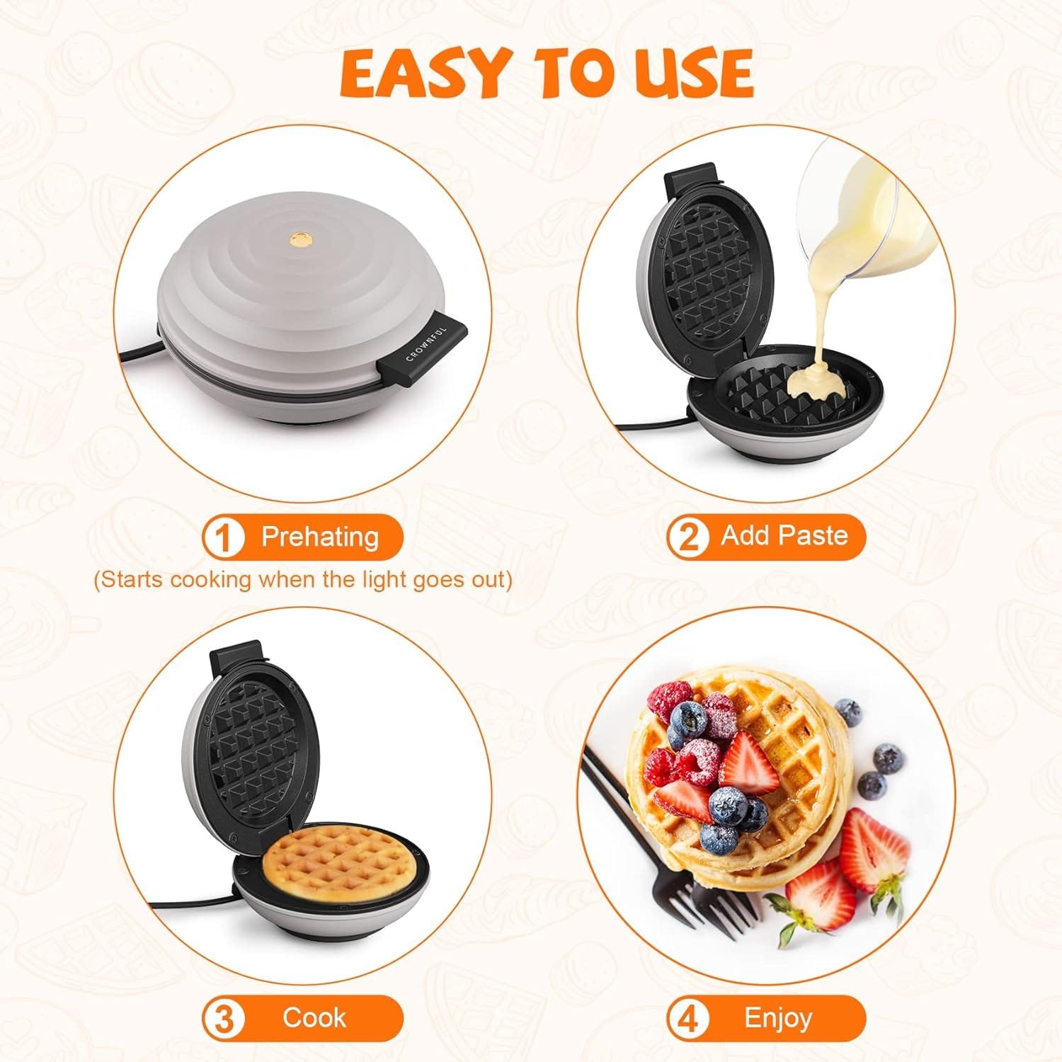 CROWNFUL Mini Waffle Maker Machine, 4 Inch Chaffle Maker with Compact Design (Pink)