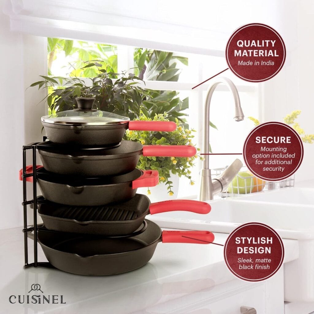 Cuisinel Heavy Duty Pan Organizer - 5 Tier Rack - Holds 50 LB - Holds Cast Iron Skillets, Griddles and Shallow Pots - Durable Steel Construction - Space Saving Kitchen Storage - No Assembly Required Cuisinel Heavy Duty Pan Organizer - 5 Tier Rack - Holds 50 LB - Holds Cast Iron Skillets, Griddles and Shallow Pots - Durable Steel Construction - Space Saving Kitchen Storage - No Assembly Required