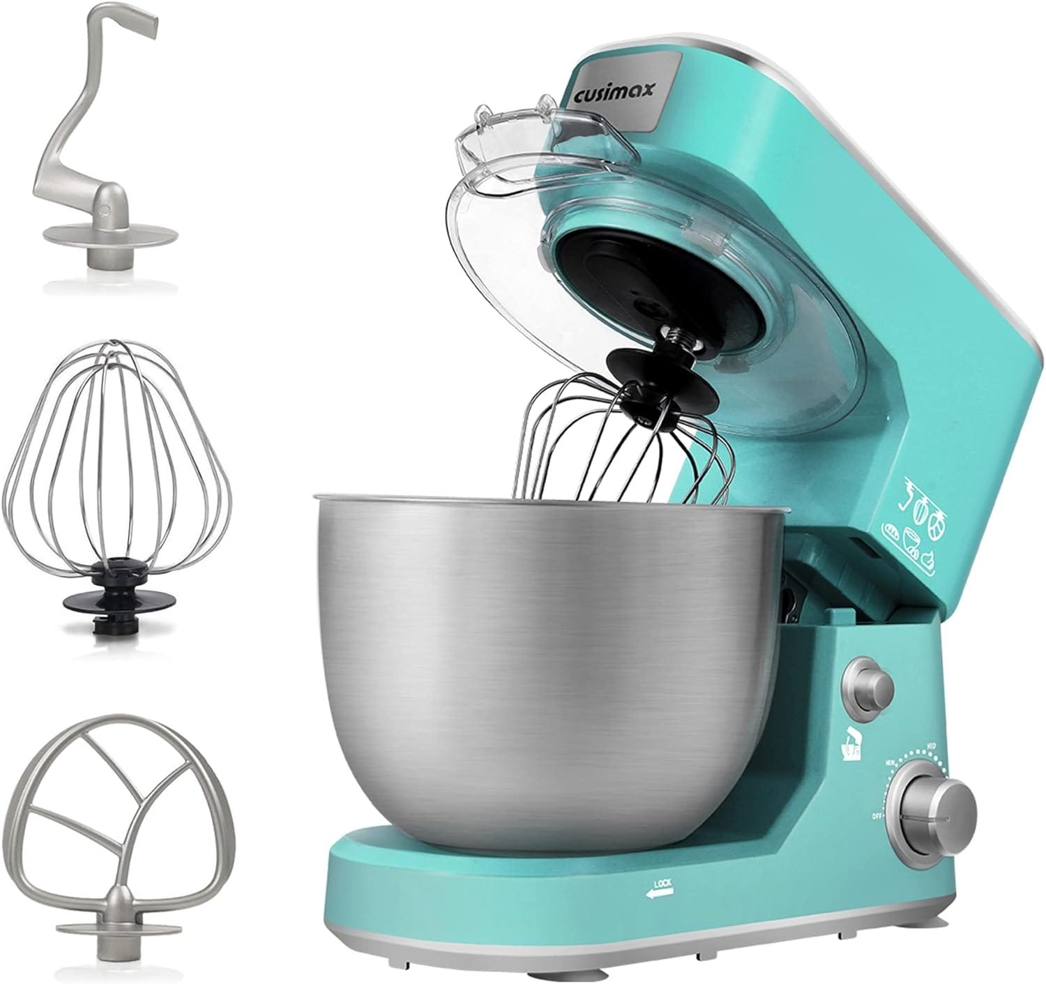 CUSIMAX Stand Mixer with 5-QT Stainless Steel Bowl, Tilt-Head Kitchen Electric Mixer with Dough Hook, Mixing Beater and Whisk, Splash Guard (Green)