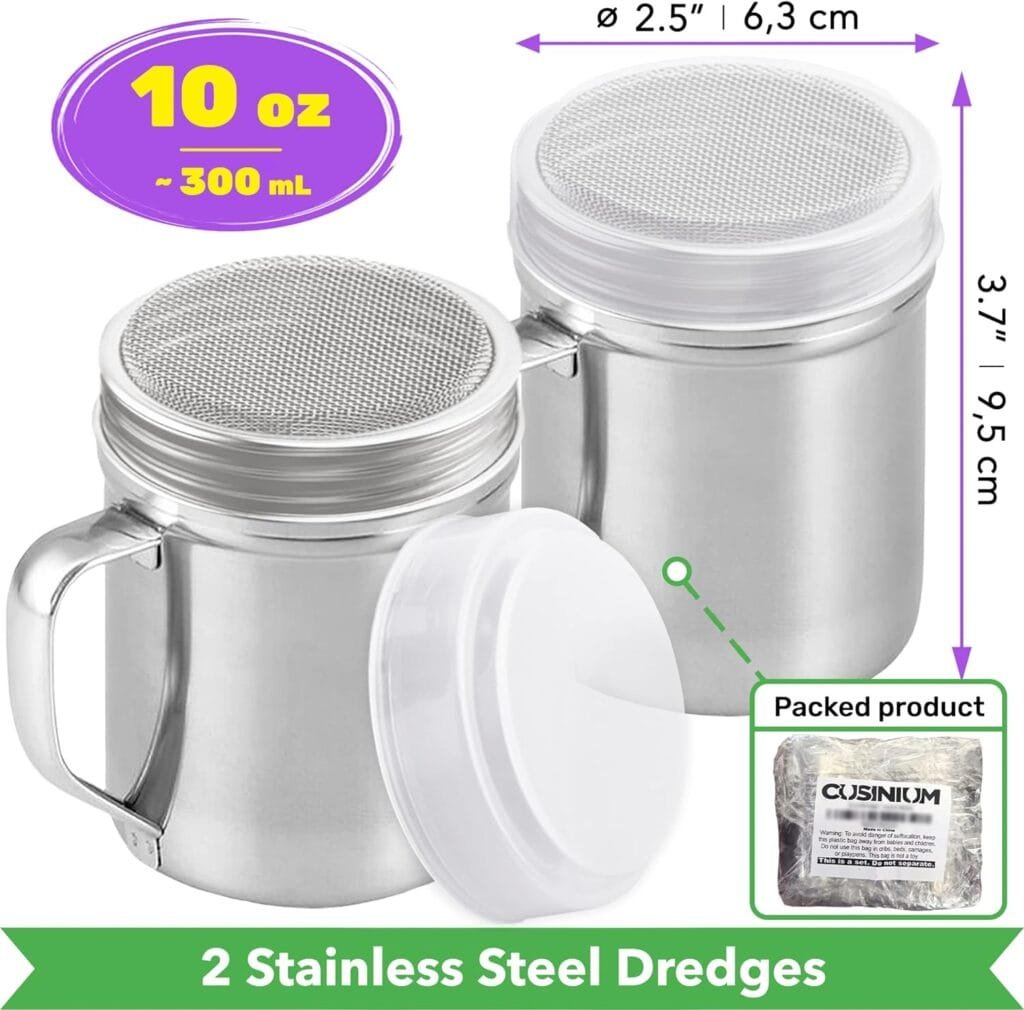 CUSINIUM Powdered Sugar Shaker Duster - With Handle - Cinnamon Shaker For Coffee Bar - Fine Mesh Dredge - 6 ounce, pack of 2 | Style: Fine