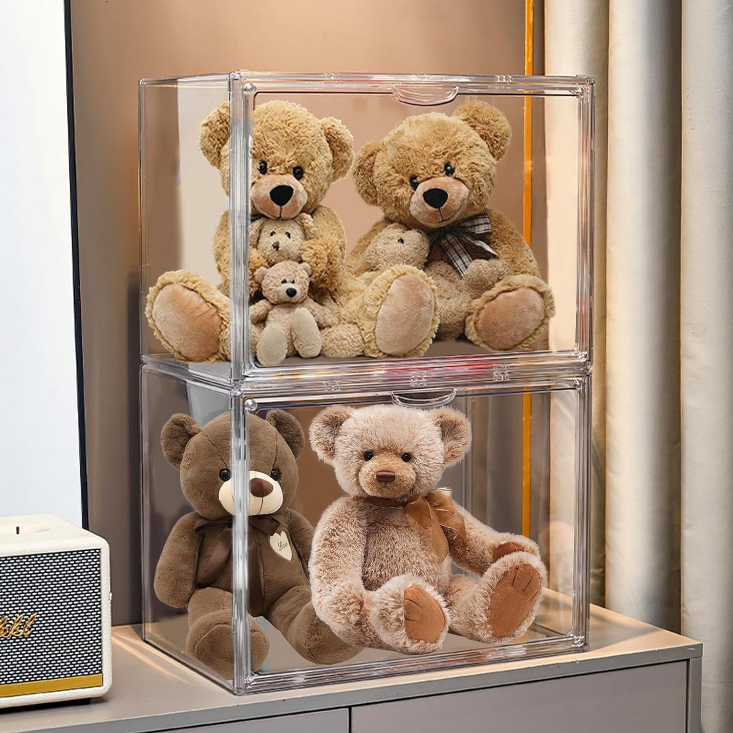 Cutora Extra Large 4 Tiers 15.7X11.8X9.8 Clear Acrylic Organizer Box Display Case, Plastic Holder with Magnetic Door and 3 Division Boards for Figures, Books, Handbags, Purses, Boots