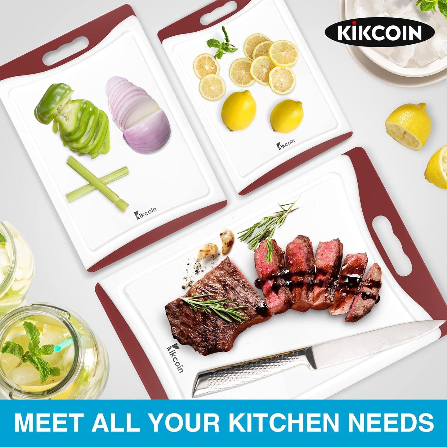 Cutting Boards for Kitchen, Extra Large Plastic Cutting Board Dishwasher Chopping Board Set of 3 with Juice Grooves, Easy Grip Handle, Grey, Kikcoin Cutting Boards for Kitchen, Extra Large Plastic Cutting Board Dishwasher Chopping Board Set of 3 with Juice Grooves, Easy Grip Handle, Grey, Kikcoin
