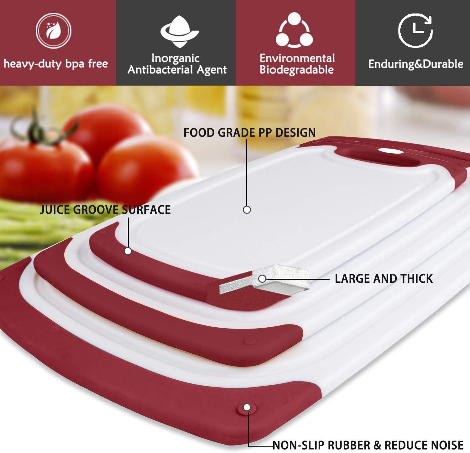 Cutting Boards for Kitchen, Plastic Chopping Board Set of 4 with Non-Slip Feet and Deep Drip Juice Groove, Easy Grip Handle, BPA Free, Non-porous, Dishwasher Safe Cutting Boards for Kitchen, Plastic Chopping Board Set of 4 with Non-Slip Feet and Deep Drip Juice Groove, Easy Grip Handle, BPA Free, Non-porous, Dishwasher Safe
