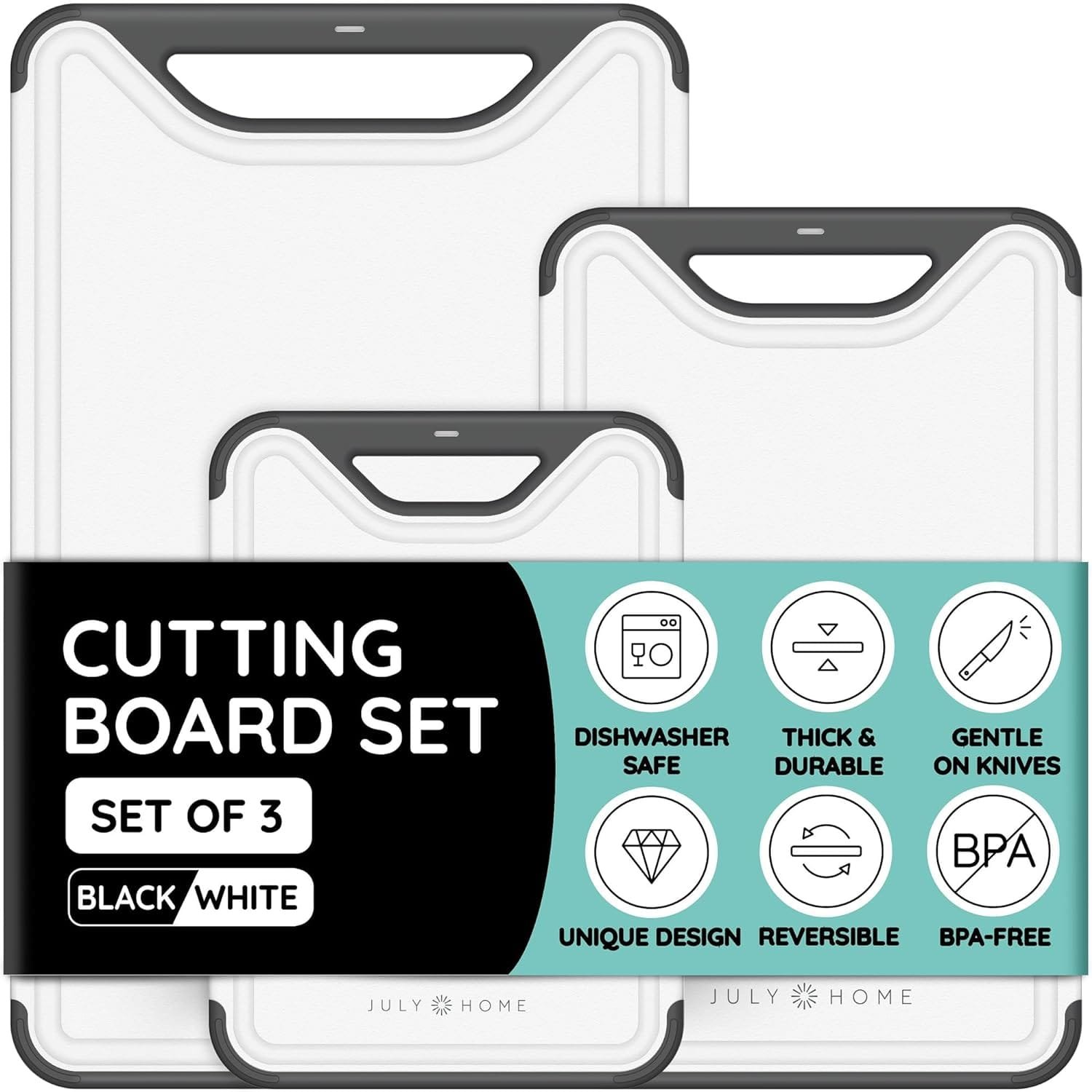 Cutting Boards for Kitchen, Plastic Cutting Board Set of 3, Dishwasher Safe Cutting Boards with Juice Grooves for Meat, Veggies, Fruits, Easy Grip Handle, Non-Slip (Black) Cutting Boards for Kitchen, Plastic Cutting Board Set of 3, Dishwasher Safe Cutting Boards with Juice Grooves for Meat, Veggies, Fruits, Easy Grip Handle, Non-Slip (Black)