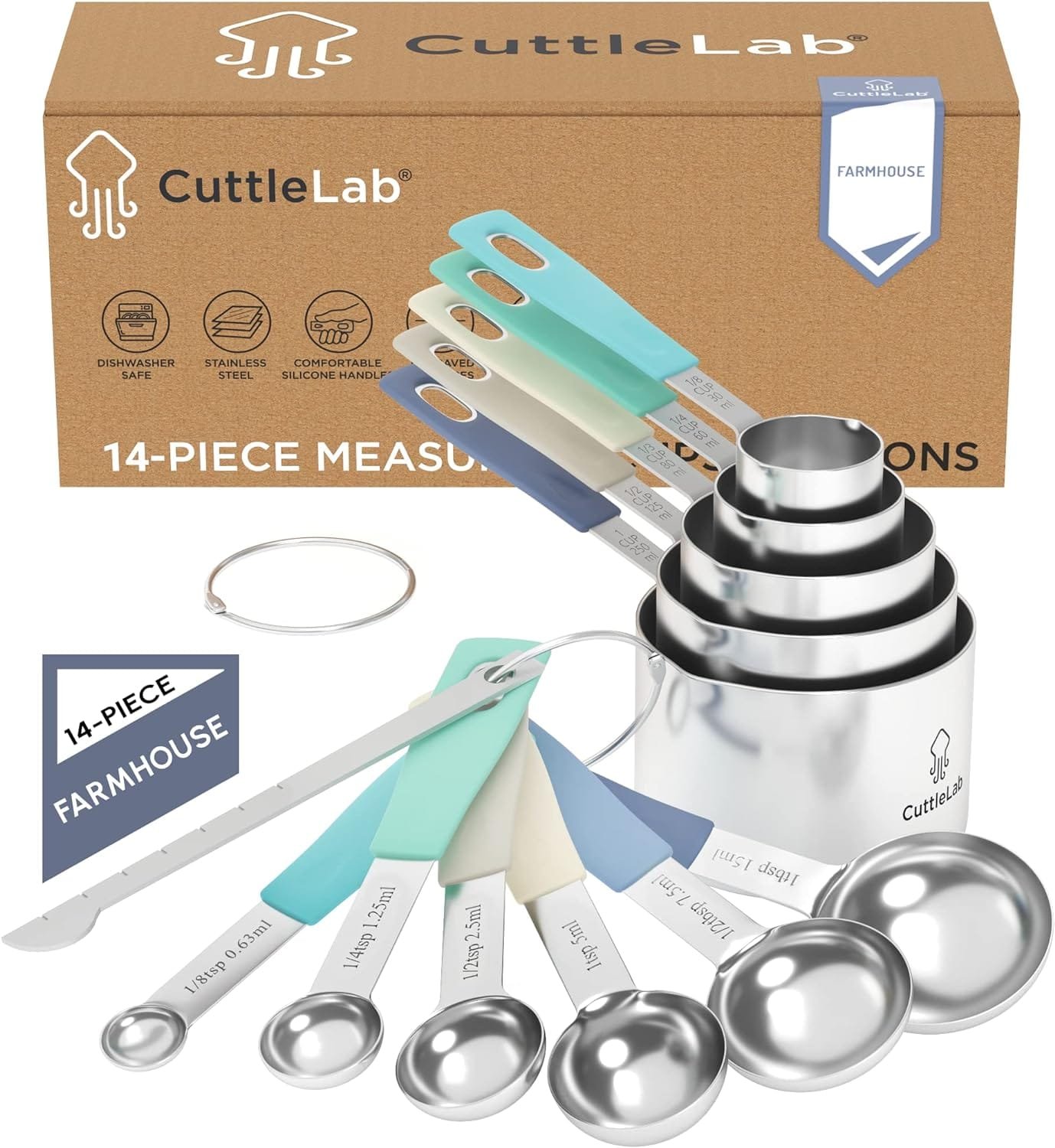 CuttleLab Measuring Cups and Measuring Spoons Set of 14 - Stainless Steel Measuring Cups and Spoons Set, Includes 1/8 Teaspoon Measuring Spoon, 1/8 Cup Measuring Cup, Leveler Dry (14, Farmhouse) CuttleLab Measuring Cups and Measuring Spoons Set of 14 - Stainless Steel Measuring Cups and Spoons Set, Includes 1/8 Teaspoon Measuring Spoon, 1/8 Cup Measuring Cup, Leveler Dry (14, Farmhouse)