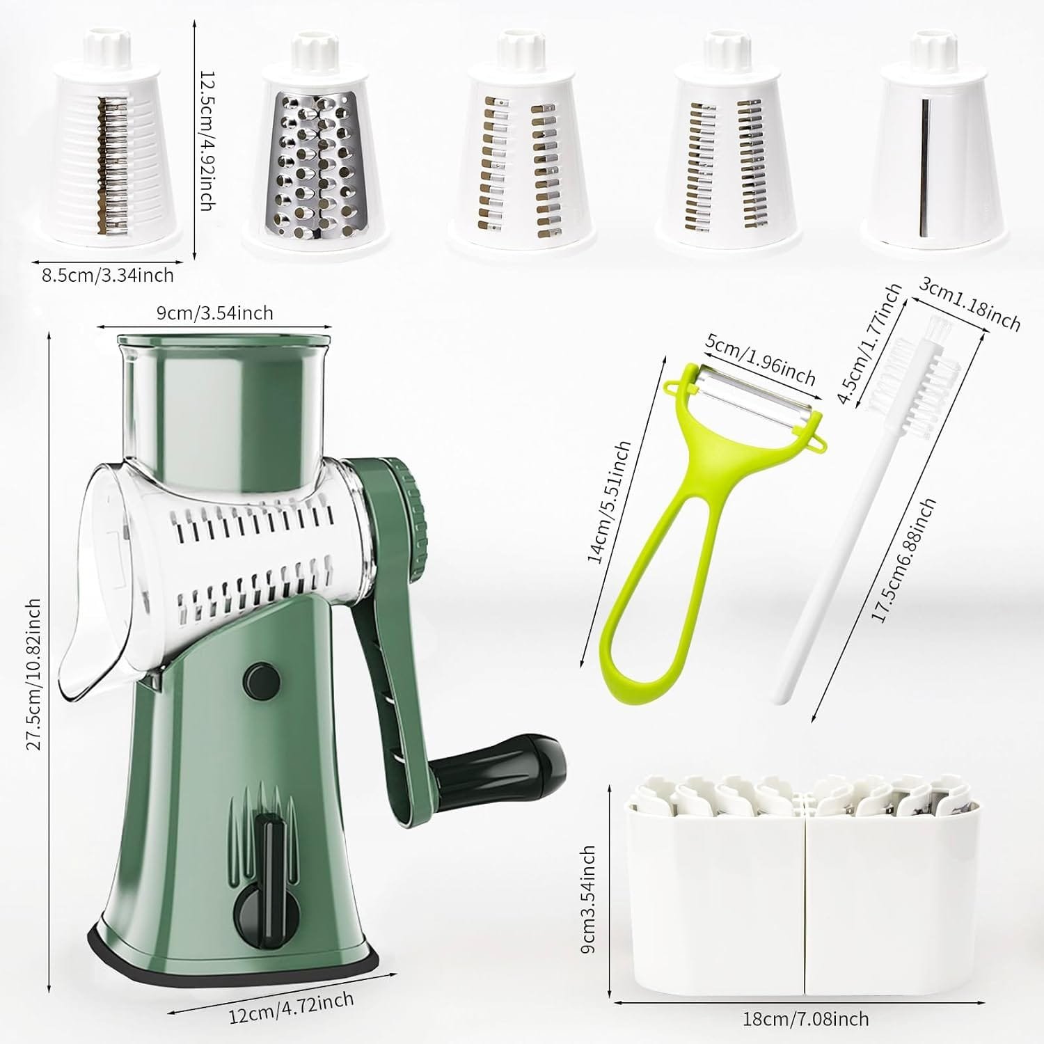 Dachenus Cheese Grater 5 in1 Rotary Cheese Grater,Versatile Cheese Shredder,Blades for Shredding, Grating, Slicing,Cheese Shredder with Suction Base and Cleaning Brush Kitchen Gift (green) (green)