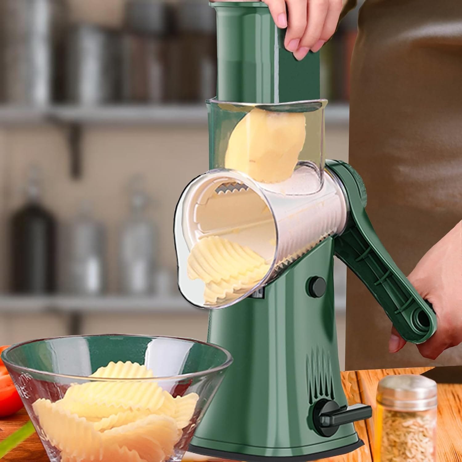 Dachenus Cheese Grater 5 in1 Rotary Cheese Grater,Versatile Cheese Shredder,Blades for Shredding, Grating, Slicing,Cheese Shredder with Suction Base and Cleaning Brush Kitchen Gift (green) (green)