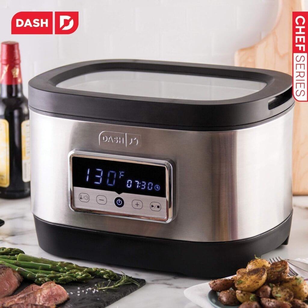 Dash Chef Series Stainless Steel Sous Vide, Temperature Control For Steak/Poultry/Seafood/Vegetables with Timer Vacuum Bags + Pump Included, 8.5 Quart Dash Chef Series Stainless Steel Sous Vide, Temperature Control For Steak/Poultry/Seafood/Vegetables with Timer Vacuum Bags + Pump Included, 8.5 Quart
