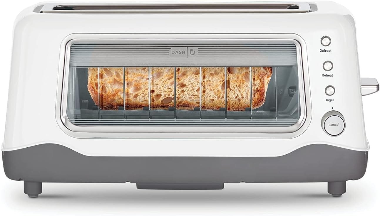 DASH Clear View Toaster: Extra Wide Slot Toaster with See Through Window - Defrost, Reheat + Auto Shut Off Feature for Bagels, Specialty Breads  other Baked Goods - White