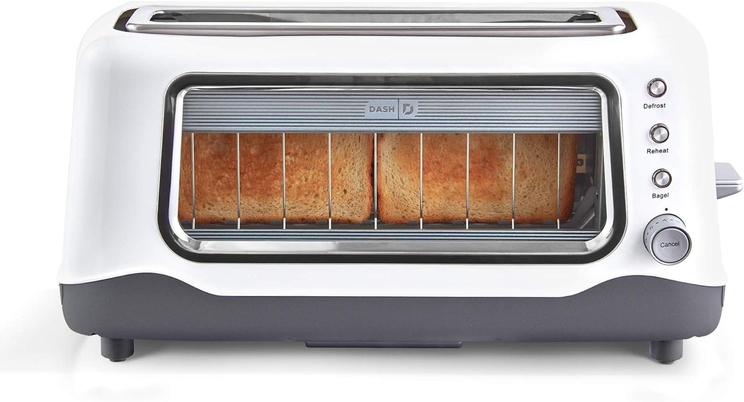 DASH Clear View Toaster: Extra Wide Slot Toaster with See Through Window - Defrost, Reheat + Auto Shut Off Feature for Bagels, Specialty Breads  other Baked Goods - White