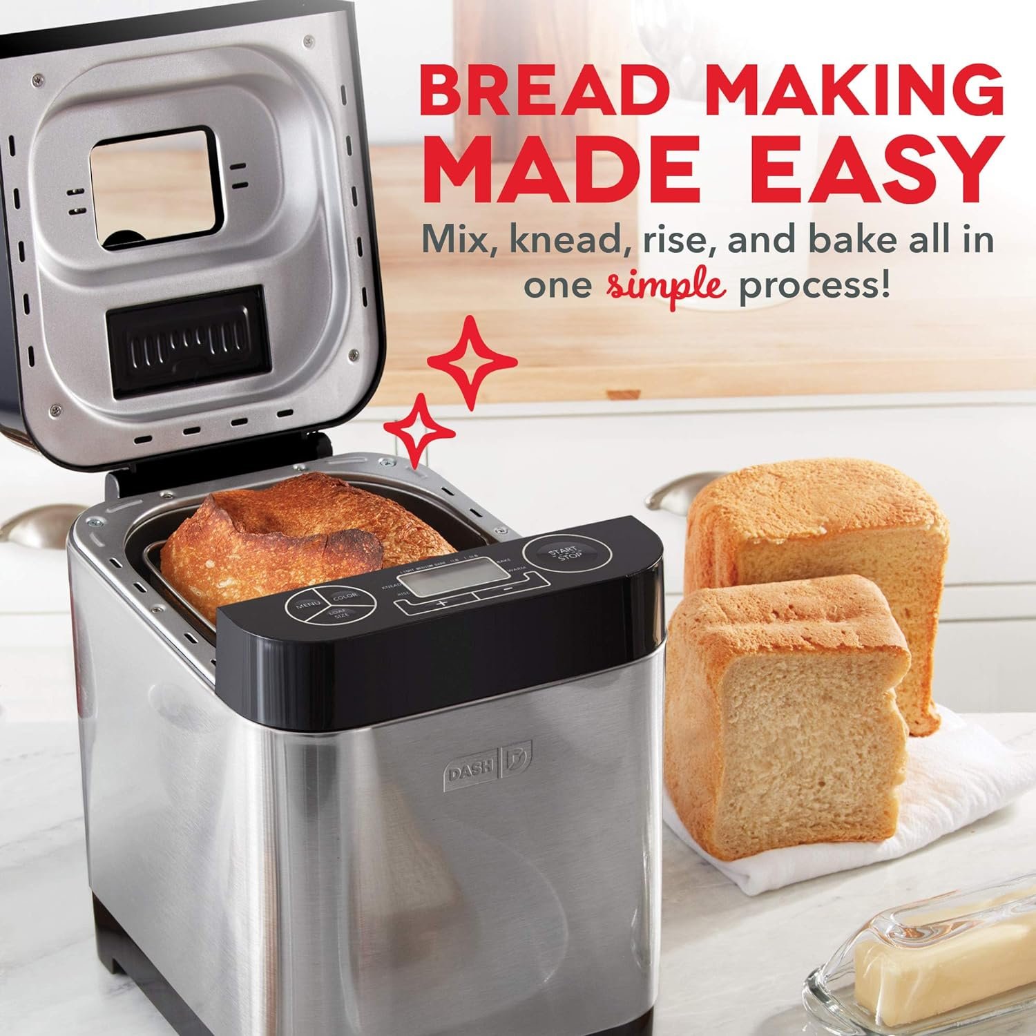 Dash Everyday Stainless Steel Bread Maker, Up to 1.5lb Loaf, Programmable, 12 Settings + Gluten Free Automatic Filling Dispenser - Black Dash Everyday Stainless Steel Bread Maker, Up to 1.5lb Loaf, Programmable, 12 Settings + Gluten Free Automatic Filling Dispenser - Black