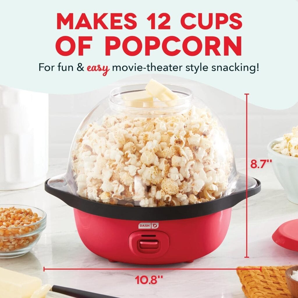 DASH SmartStore™ Stirring Popcorn Maker, 3QT Hot Oil Electric Popcorn Machine with Clear Bowl, 12 Cups - Red DASH SmartStore™ Stirring Popcorn Maker, 3QT Hot Oil Electric Popcorn Machine with Clear Bowl, 12 Cups - Red