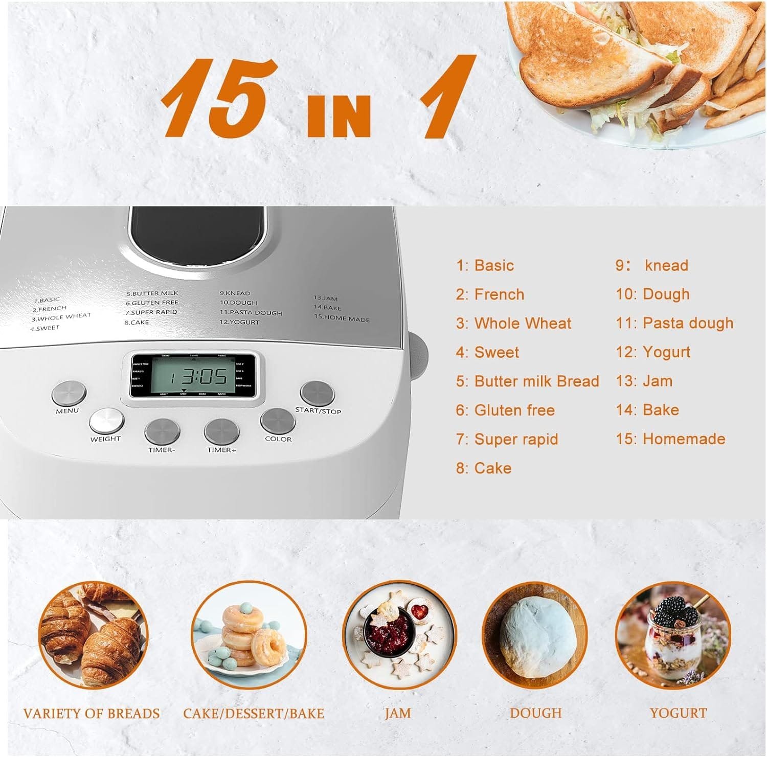 Davivy Bread Maker Machine 3LB Dough Maker,15-in-1 Automatic Bread Machine Maker with Nonstick Bowl, Jam Yogurt, 3 Loaf Sizes and 3 crust settings,15-H Delay Timer(850W,Silver,3.3LB) Davivy Bread Maker Machine 3LB Dough Maker,15-in-1 Automatic Bread Machine Maker with Nonstick Bowl, Jam Yogurt, 3 Loaf Sizes and 3 crust settings,15-H Delay Timer(850W,Silver,3.3LB)