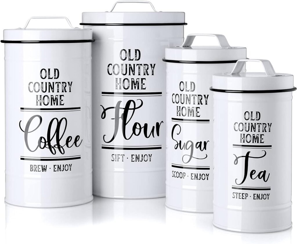 DAYYET Canisters Sets for the Kitchen, Airtight Kitchen Canisters for Countertop, Flour and Sugar Containers, Tea Coffee Sugar Canister Set, Coffee Bar Decor and Accessories, Set of 4, White