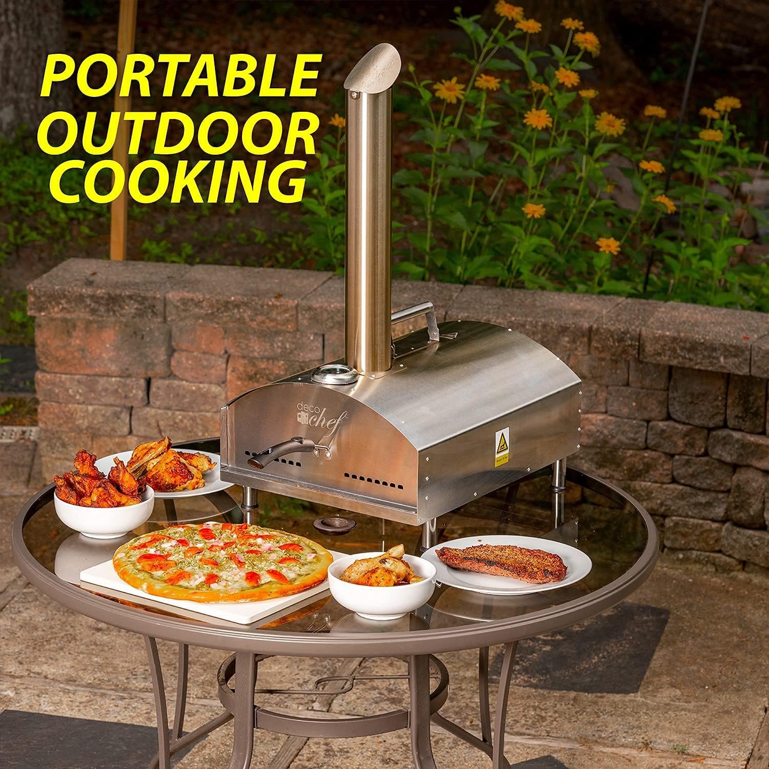 Deco Chef Outdoor Pizza Oven with 2-in-1 Pizza and Grill Oven Functionality, 13 Pizza Stone, Portable 3-Layer Stainless Steel Construction, Pizza Peel, Dough Scraper, Scoop, Slotted Grill (Black)