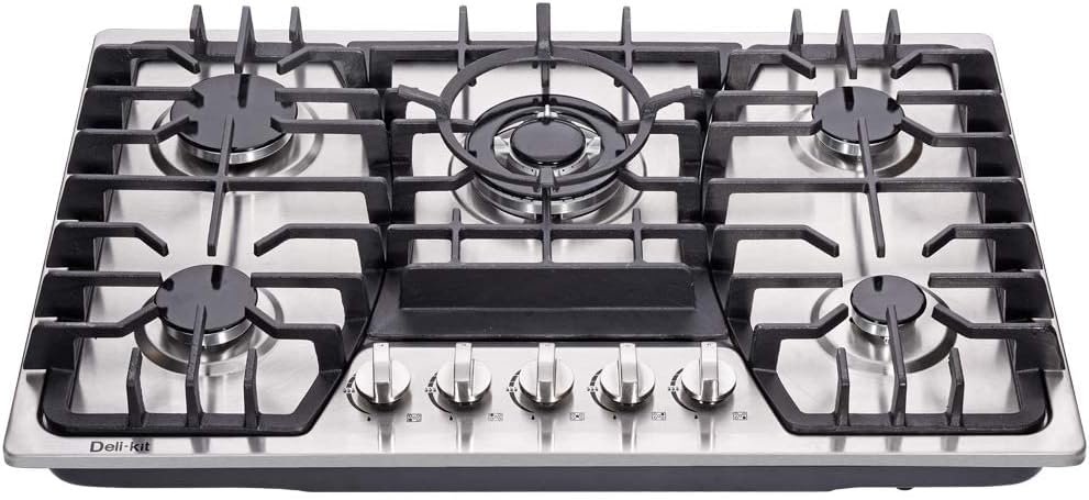 Deli-kit 30 inch Gas Cooktops Dual Fuel Sealed 5 Burners Gas Cooktop Built-In Stainless Steel Gas Hob DK257-A03 Gas Cooktop