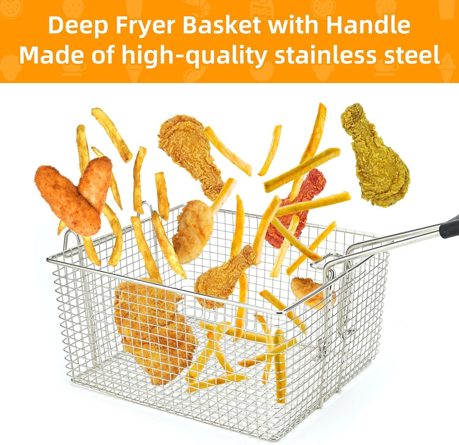 Delizon Electric Fryer Basket for Frying Serving Food, with Rubber Handle Grip, 7.2 x 8.3 x 4.3 Heavy Duty Construction Suitable for fry chicken, fish, french fries, (2 Pcs)