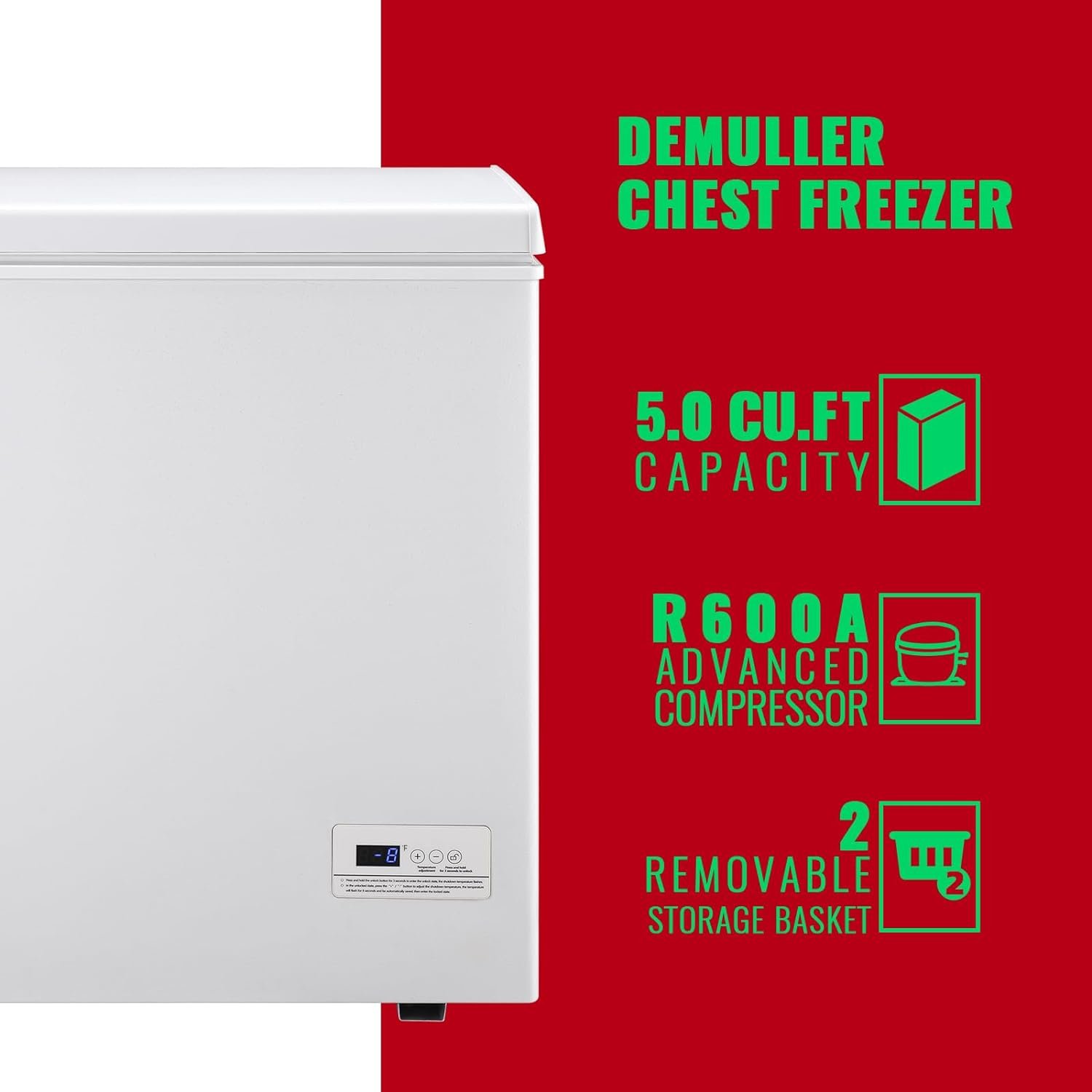 DEMULLER Chest Freezer Small Deep Freeezer with 2 Removable Baskets, Compact Freezer with Digital Control Panel accurate to 1 ℉, Mini Freezer for Homes Garages Basements White