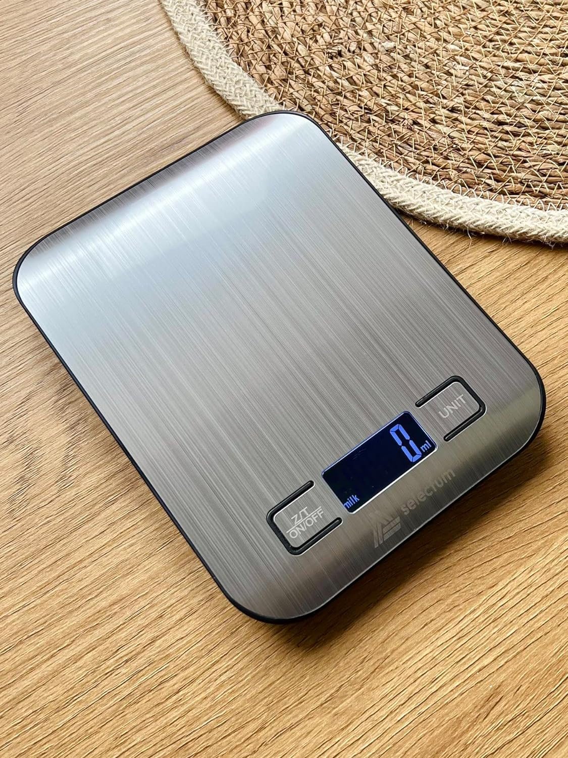 Digital Kitchen Food Scale, Max 11 lb, Stainless Steel, Backlit Silver, LCD Display, Tare Function, Automatic Shutdown, 6 Measurement Units: kg, g, lb, oz, ml, Milk (Batteries Included) by Selectum