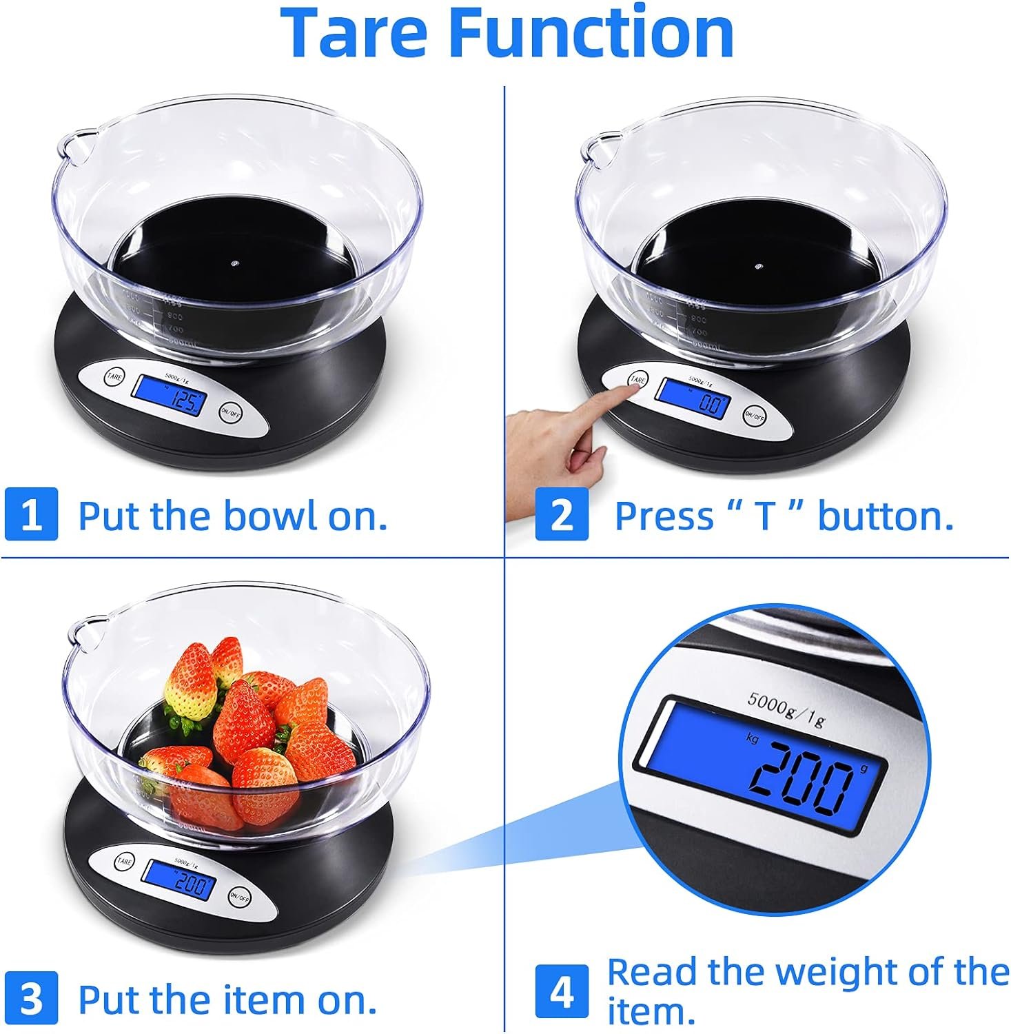 Digital Kitchen Scale, Highly Accurate 5000g/11lb x 0.1oz, Food Scale for Cooking, Baking and Weight Loss, Kitchen Scale with Bowl 2 Modes and Tare Features, Back-lit LCD Display