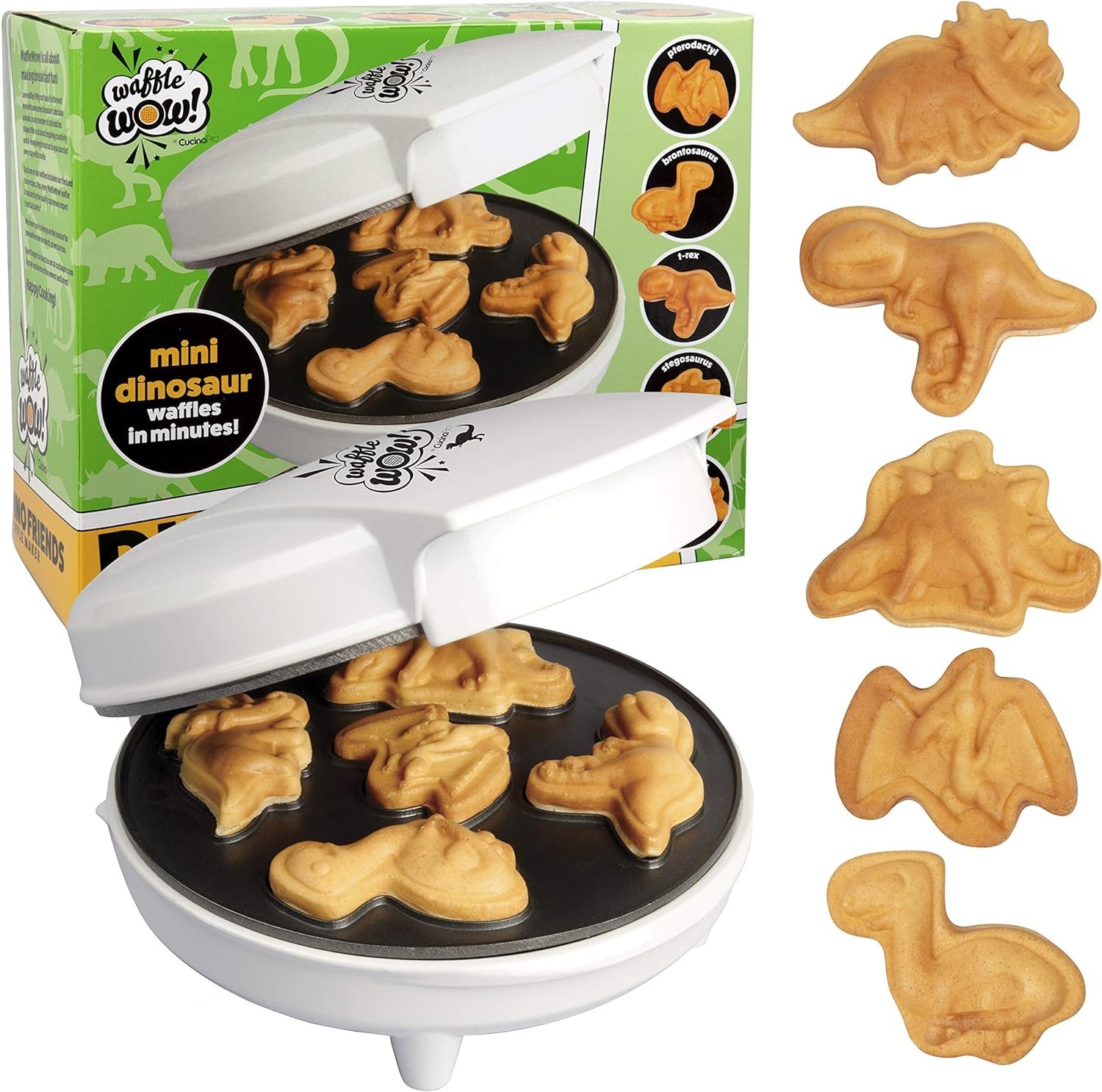 Dinosaur Mini Waffle Maker - 5 Different 3D Shaped Dinos in Minutes- Fun Breakfast for Kids, Adults w Cool Novelty Pancakes, Electric Non-Stick Waffler Iron w Recipe Guide, Easter Basket Stuffer Gift