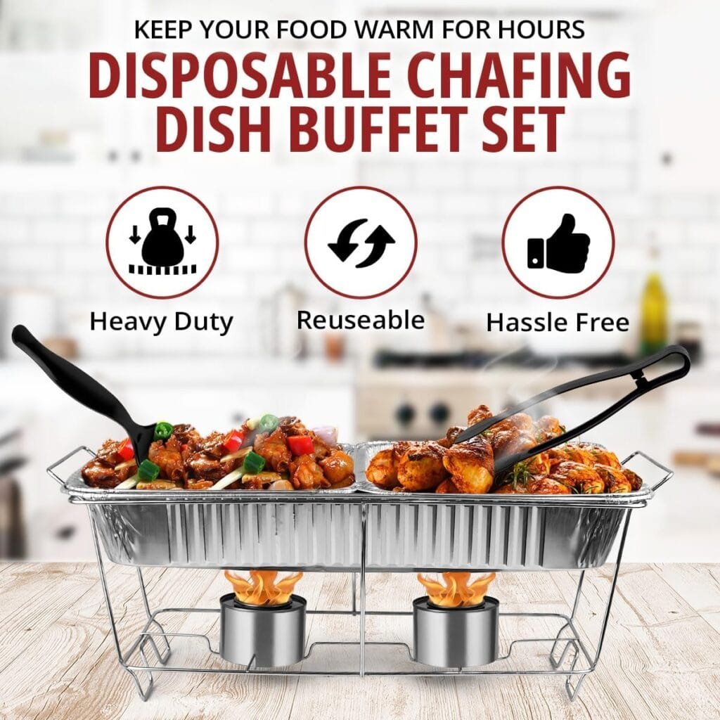 Disposable Chafing Dish Buffet Set, 33 Piece of Chafing Servers with Food Warmers, Covers, Half-Size Food Pans, Water Trays, Serving Utensils, Foil Lids and 2.5H Fuel Cans for Parties, Catering