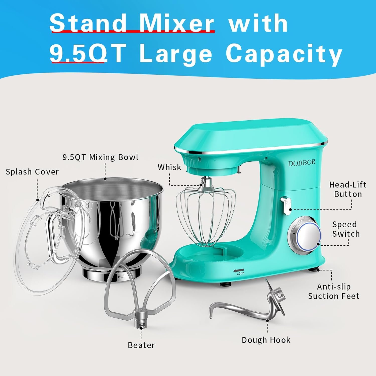 DOBBOR Electric Stand mixer, 9.5QT 660W 7 Speeds Tilt-Head Dough Mixers, Bread Mixer with Dough Hook, Whisk, Beater, Splash Guard for Baking Bread, Cake, Cookie, Pizza, Muffin, Salad and More - Black