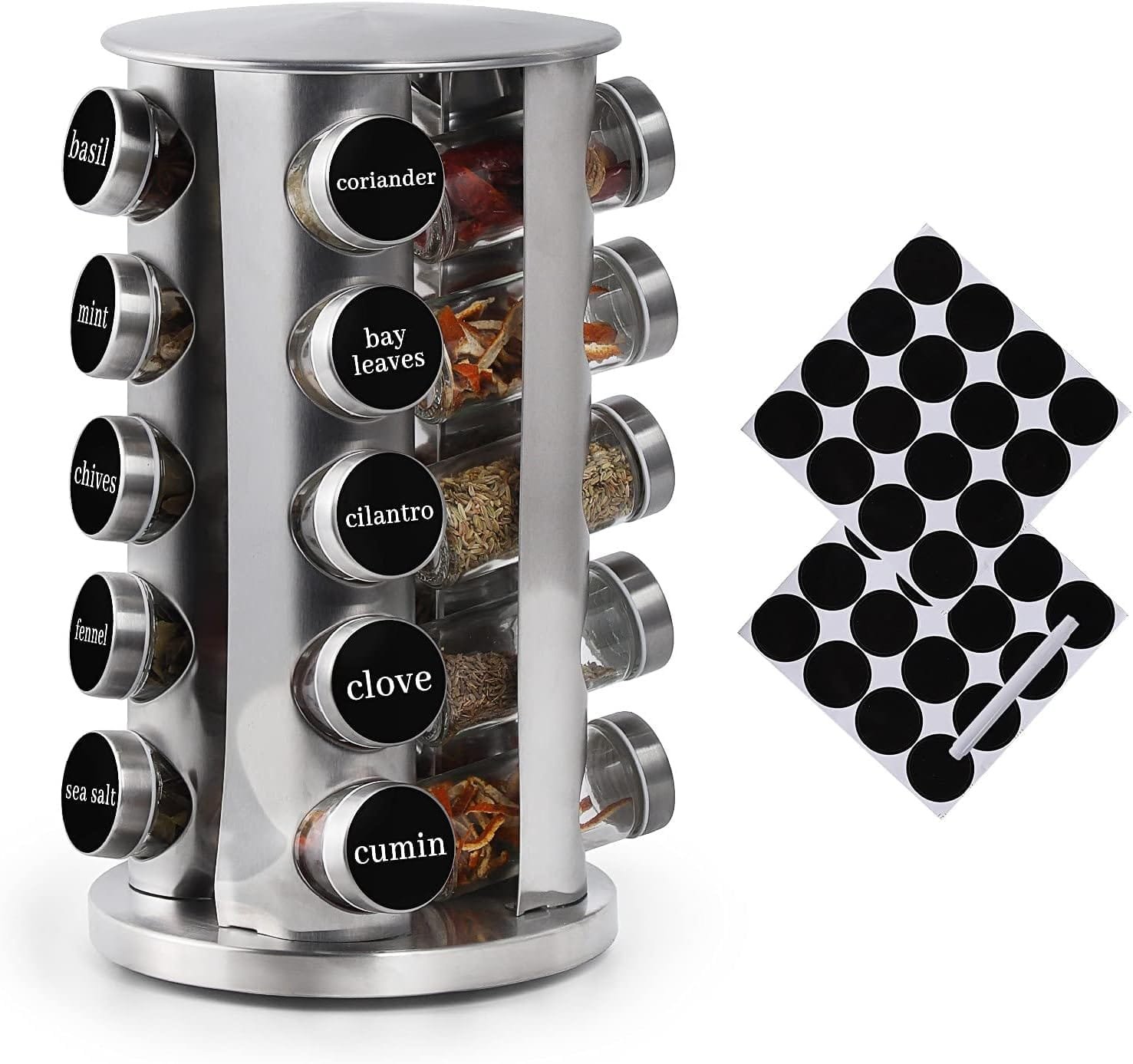 double-2-c-revolving-spice-rack-with-20-jars-rotating-spice-rack-organizer-seasoning-organizer-with-labels-stainless-ste - Cooking Appliance World