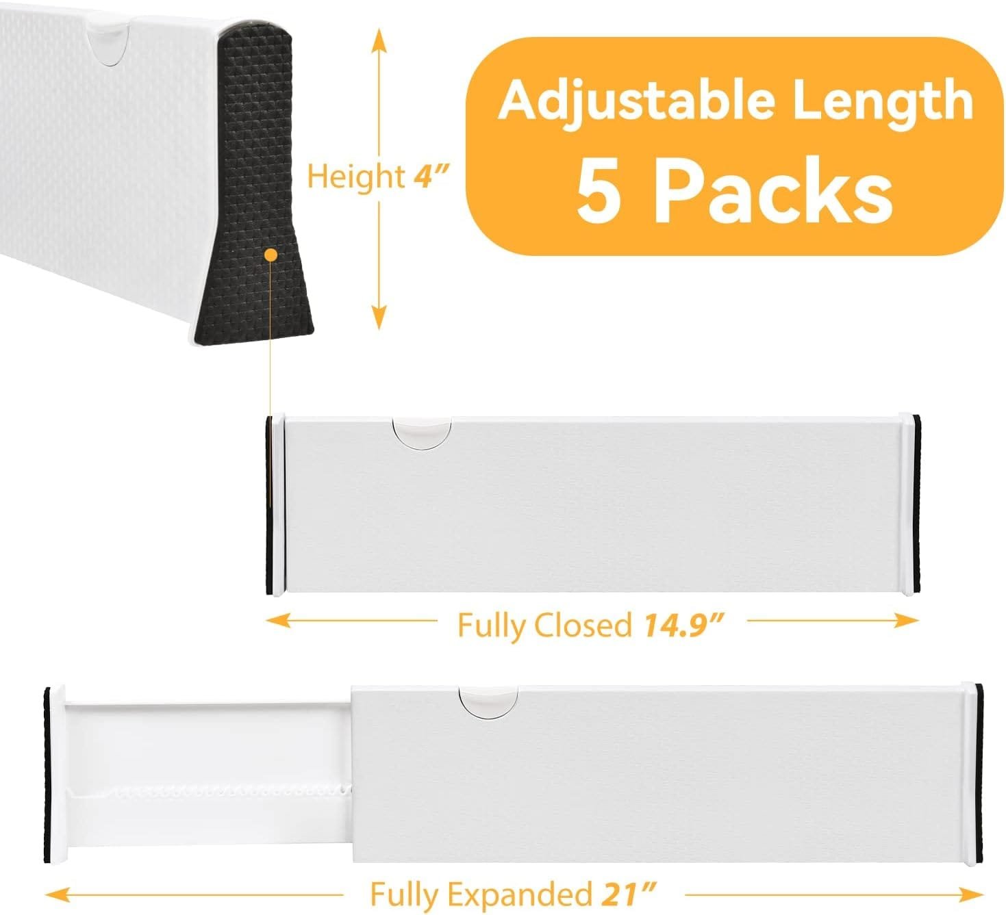 Drawer Dividers Organizer 5 Pack, Adjustable Separators 4 High Expandable from 11-17 for Bedroom, Bathroom, Closet,Clothing, Office, Kitchen Storage, Strong Secure Hold, Foam Ends, Locks in Place Drawer Dividers Organizer 5 Pack, Adjustable Separators 4 High Expandable from 11-17 for Bedroom, Bathroom, Closet,Clothing, Office, Kitchen Storage, Strong Secure Hold, Foam Ends, Locks in Place