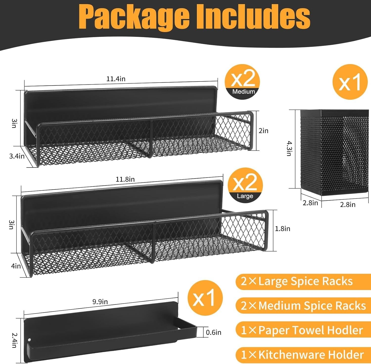 DTUQYX Magnetic Spice Rack, Refrigerator Organizer, 6 Pack Metal Black Magnetic Shelf with Paper Towel Holder, Utensils Holder, Strong Magnets, Space Saving