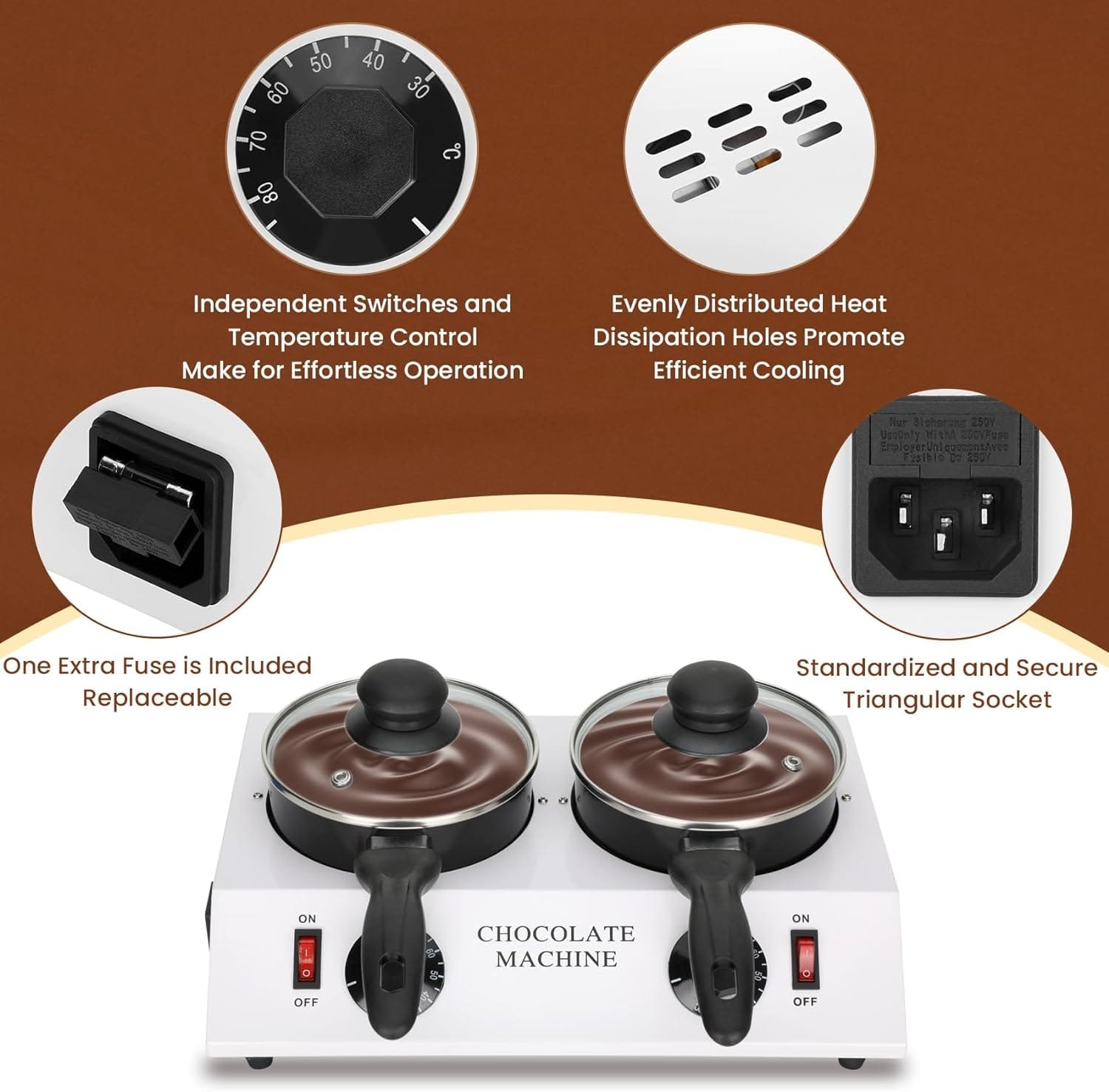 Dual Chocolate Melting Pots with Independent Temperature Controls Chocolate Tempering Machine with Removable Pots for Fast, Precise Melting and Heating of Chocolate, Candy, Butter, Cheese