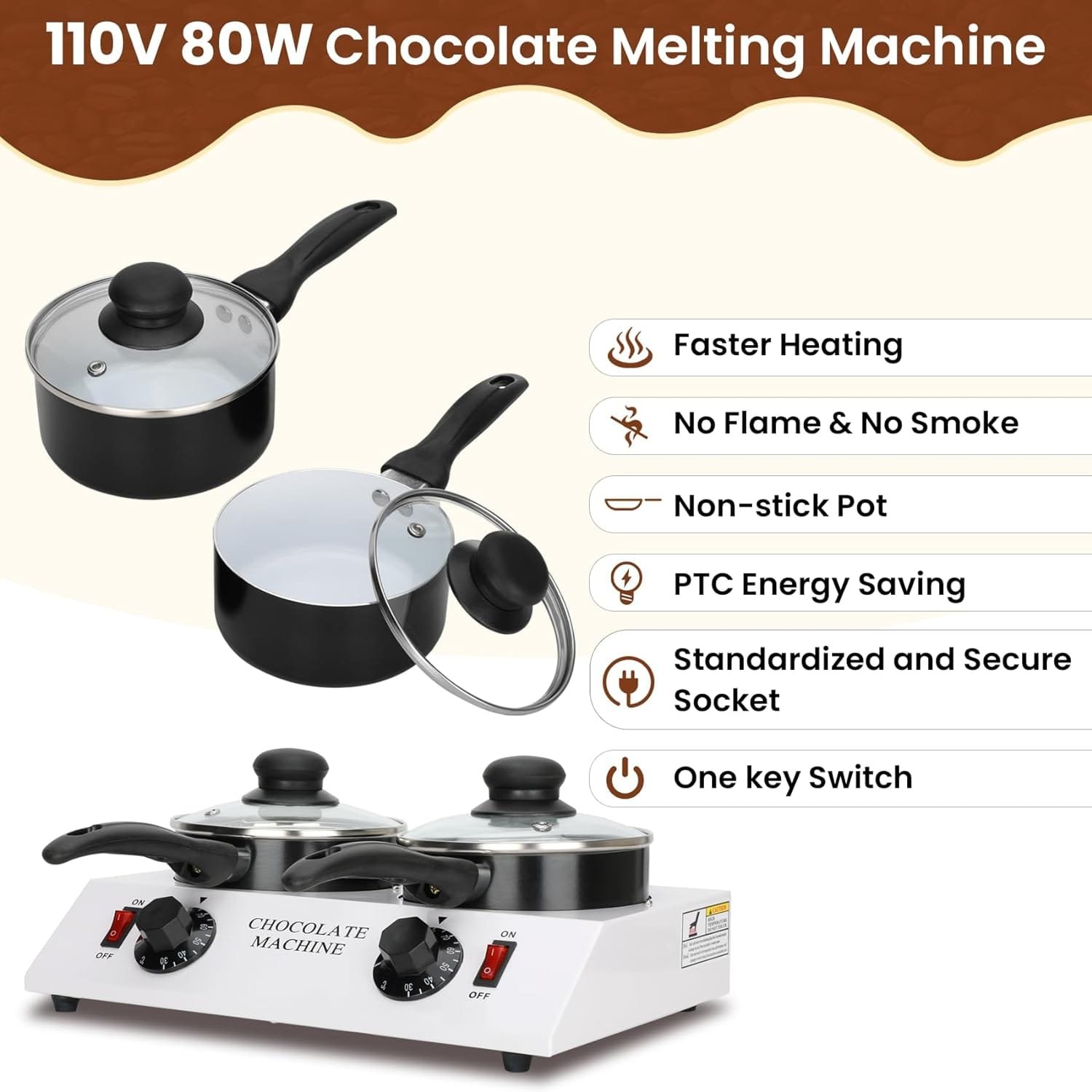 Dual Chocolate Melting Pots with Independent Temperature Controls Chocolate Tempering Machine with Removable Pots for Fast, Precise Melting and Heating of Chocolate, Candy, Butter, Cheese