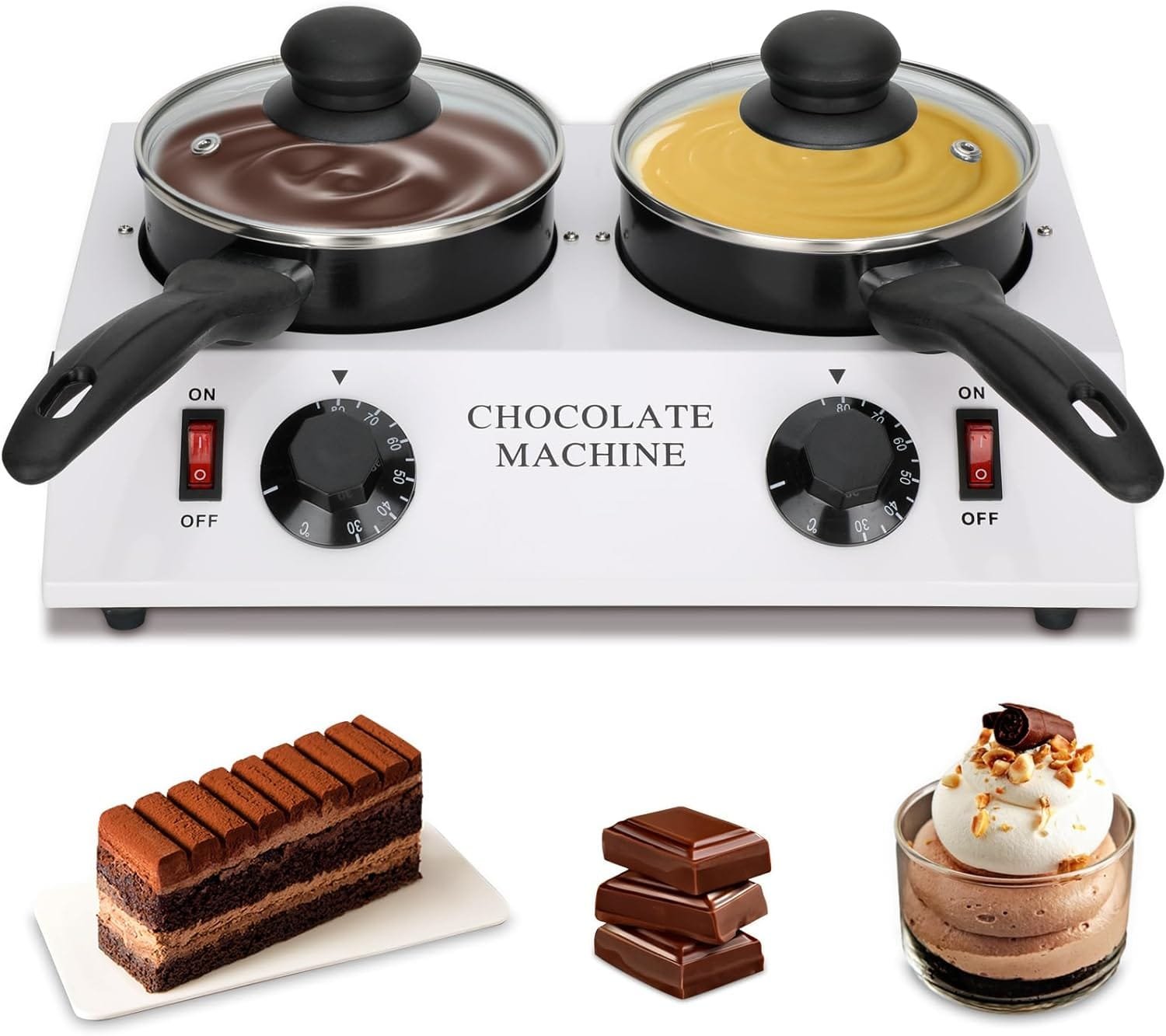 Dual Chocolate Melting Pots with Independent Temperature Controls Chocolate Tempering Machine with Removable Pots for Fast, Precise Melting and Heating of Chocolate, Candy, Butter, Cheese