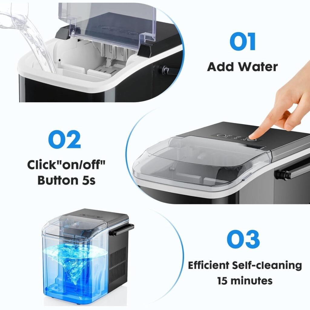 DUMOS Countertop Ice Maker, Portable Ice Machine Self-Cleaning, 9 Cubes in 6 Mins, 26.5lbs/24Hrs, 2 Sizes of Bullet Ice, with Ice Scoop, Basket and Handle, Ice Cube Maker for Home Kitchen Party,Black
