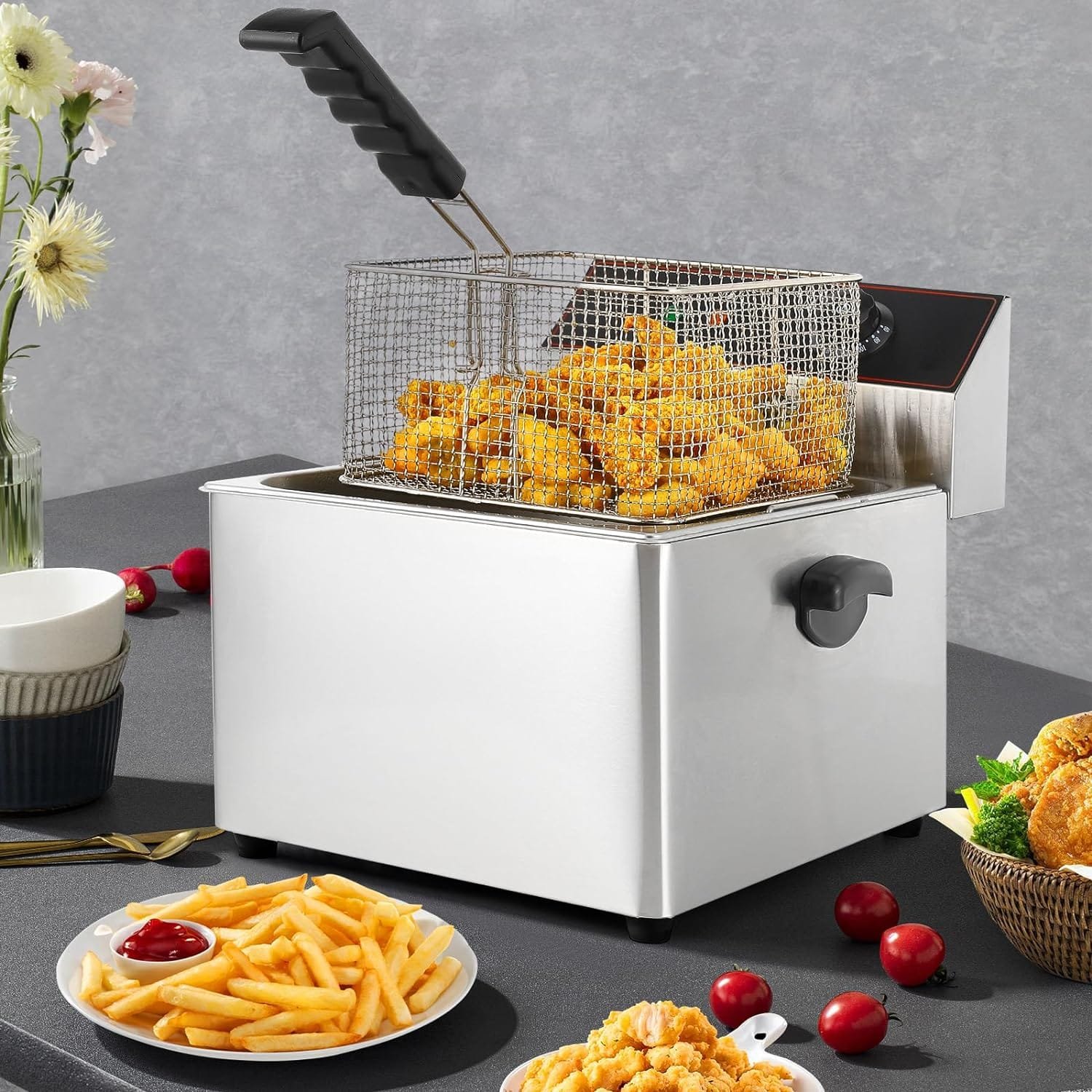 Dyna-Living Commercial Deep Fryer with Basket  Lid, 2000W 11.6QT/11L Large Capacity Deep Fryer, Stainless Steel Countertop Electric Oil Fryer with Temperature Control for Restaurant or Home Use