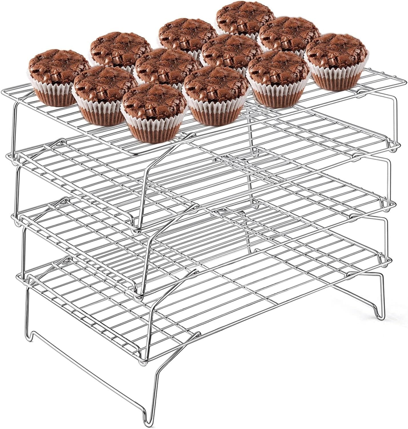 E-far 4-Tier Cooling Rack, 15”x10.1 Stainless Steel Stackable Wire Cooling Rack for Baking Cooking Cookies, Folding Leg  Non-toxic, Oven Safe  Dishwasher Safe